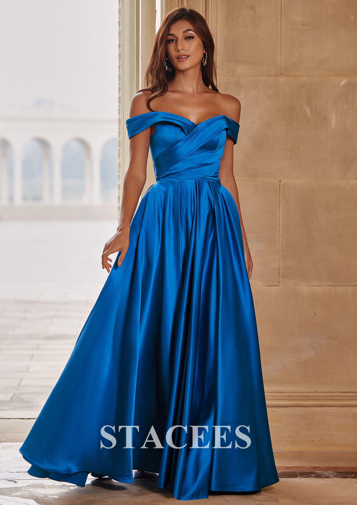 Ocean Blue A-line Off-the-Shoulder Satin Floor-Length Prom Dress with Pleated Pockets - STACEES