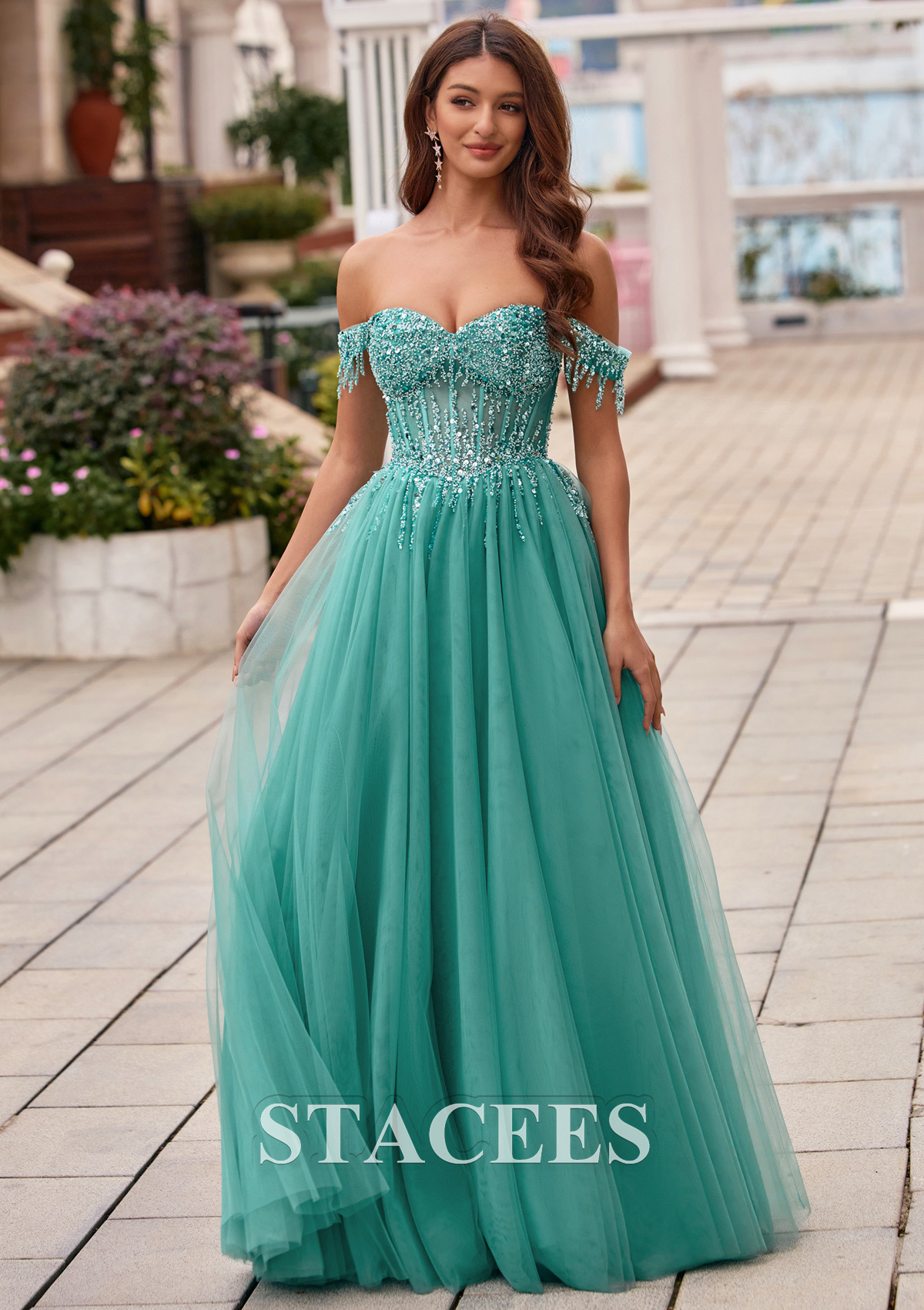 As picture Beaded Sequins Tassel Off-Shoulder Corset A-Line Prom Dress - STACEES