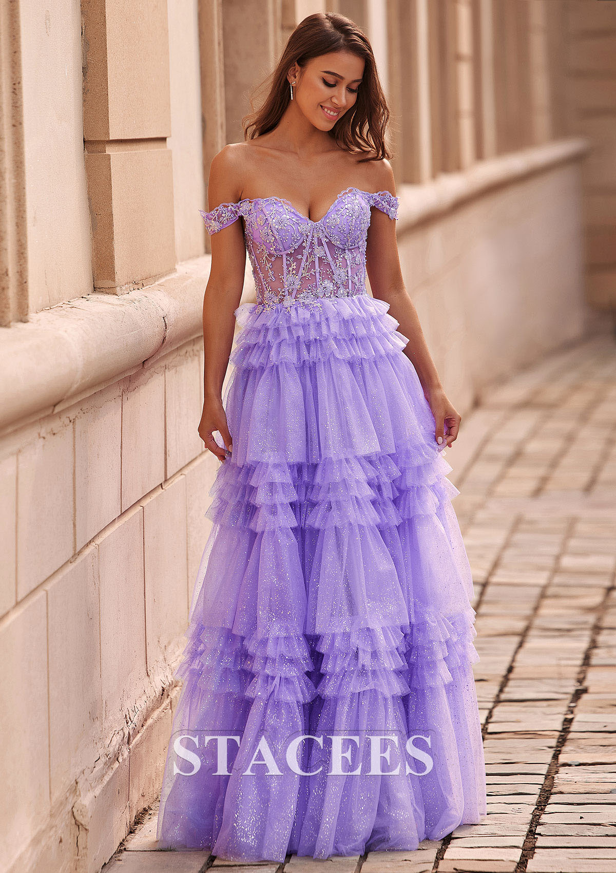 Lilac A-line Applique Off-the-Shoulder Corset Ruffle Tiered Glitter Tulle Prom Dress - STACEES