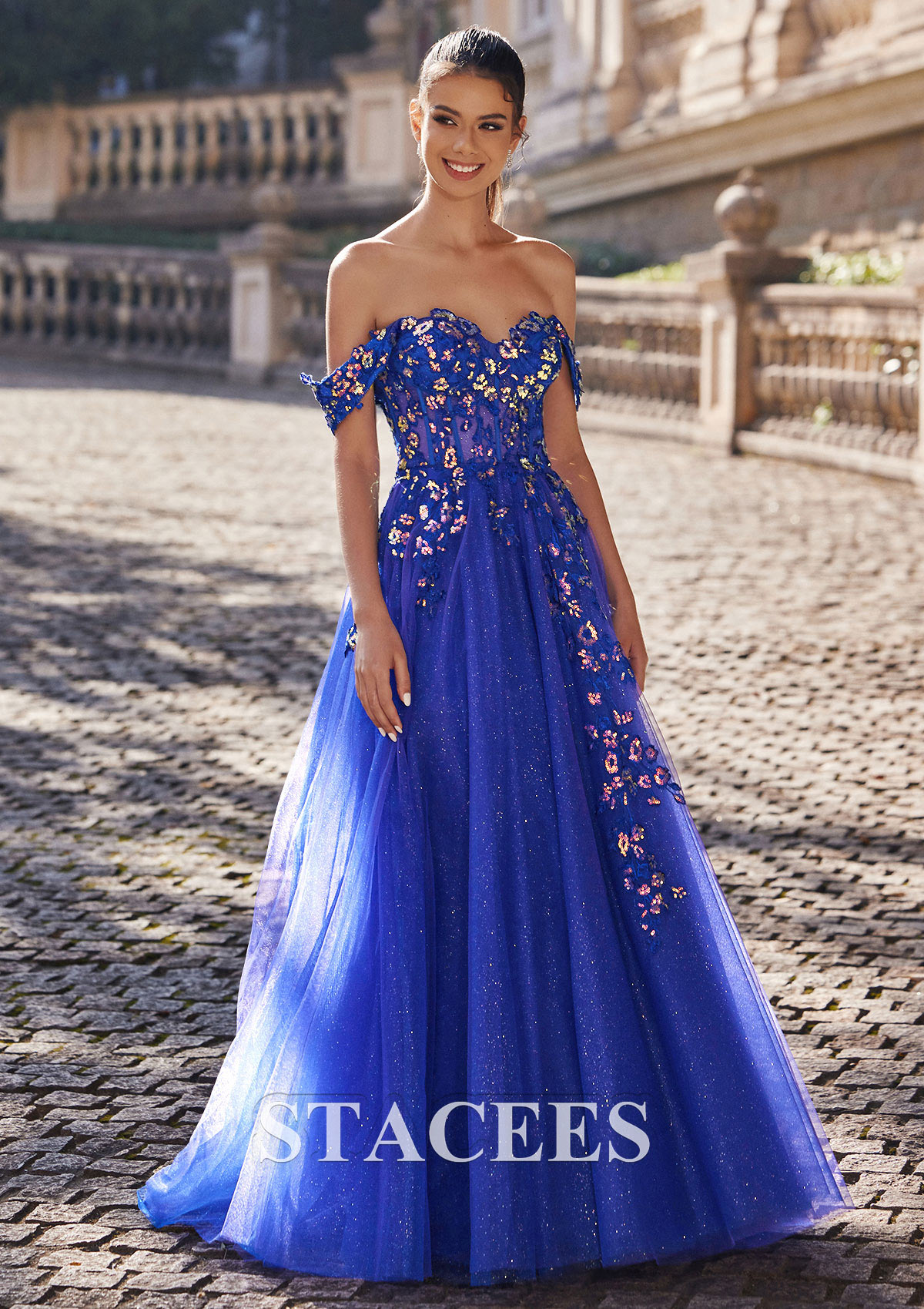 Royal Blue A-line Princess Off-the-Shoulder Sweep Train Tulle Prom Dress with Appliqued Sequins Split Glitter - STACEES