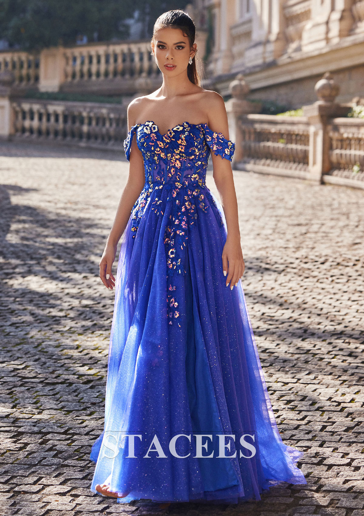 Royal Blue A-line Princess Off-the-Shoulder Sweep Train Tulle Prom Dress with Appliqued Sequins Split Glitter - STACEES