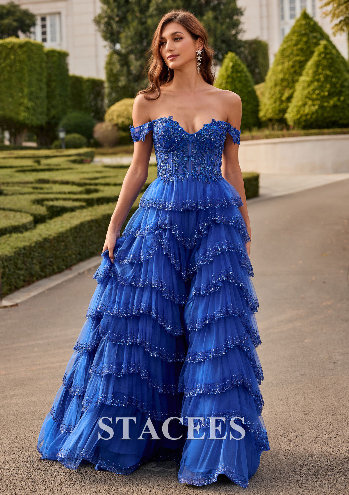 Bleu Océan Trapèze robe princesse épaule dénudée tulle traîne balayage robe de bal  - STACEES