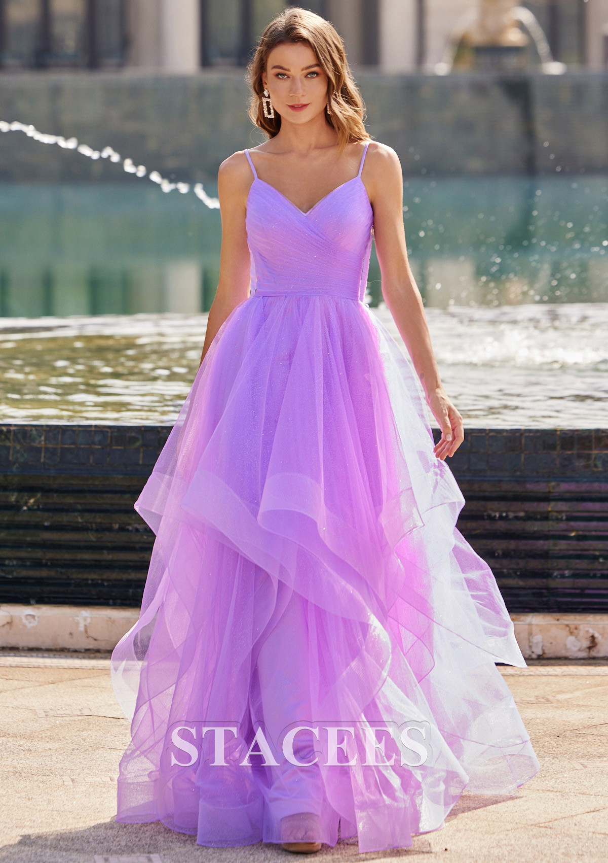Lilac A-line Princess V Neck Floor-Length Tulle Prom Dress with Ruffles Glitter - STACEES
