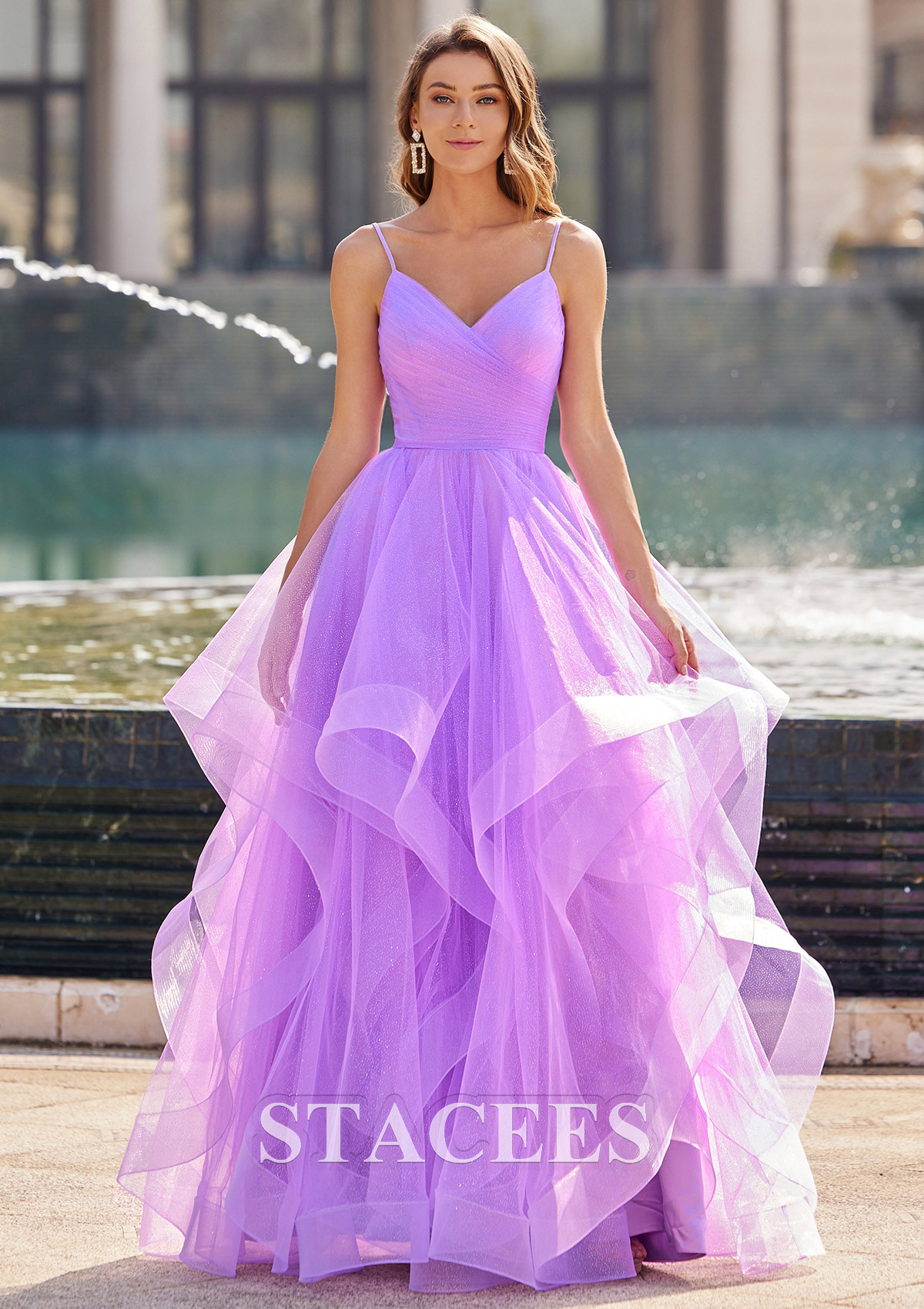 Lilac A-line Princess V Neck Floor-Length Tulle Prom Dress with Ruffles Glitter - STACEES