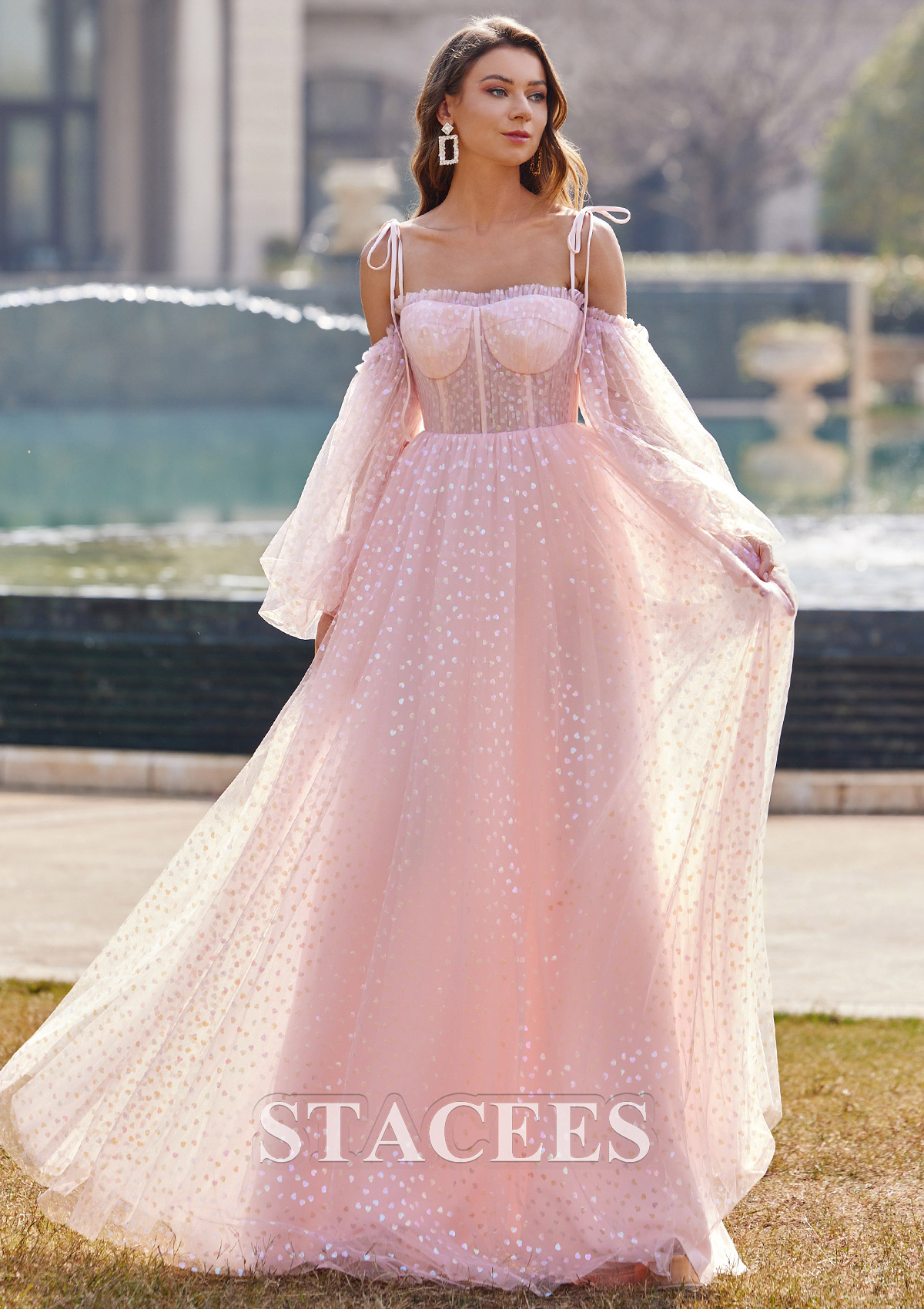 Blush A-line Square Neckline Full/Long Sleeve Floor-Length Tulle Prom Dress with Sequins - STACEES