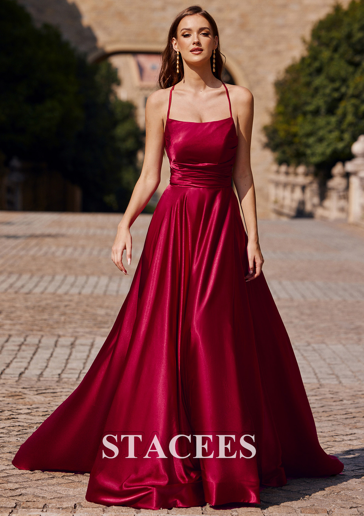 Burgundy Vestido línea a cuello cuadrado tela charmeuse barrer tren vestido de graduación - STACEES