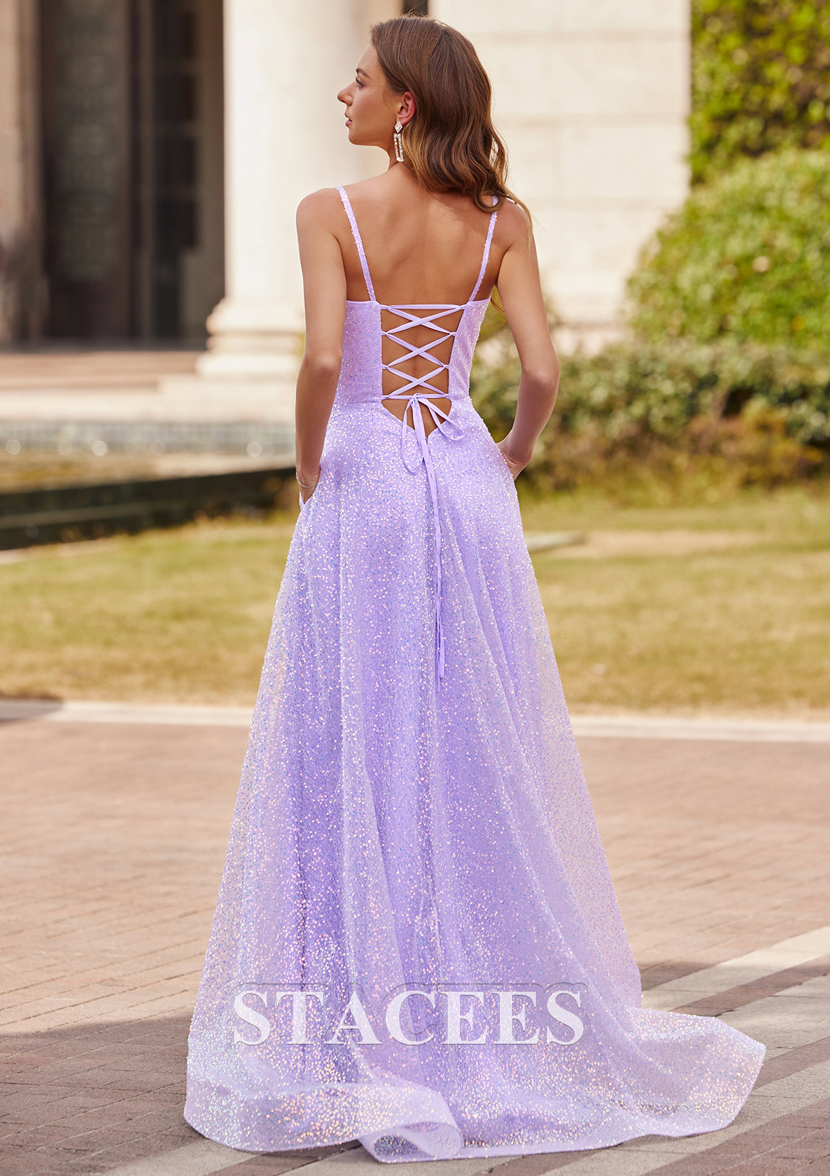 Lilac Vestido línea a cuello cuadrado lentejuelas barrer tren vestido de graduación - STACEES