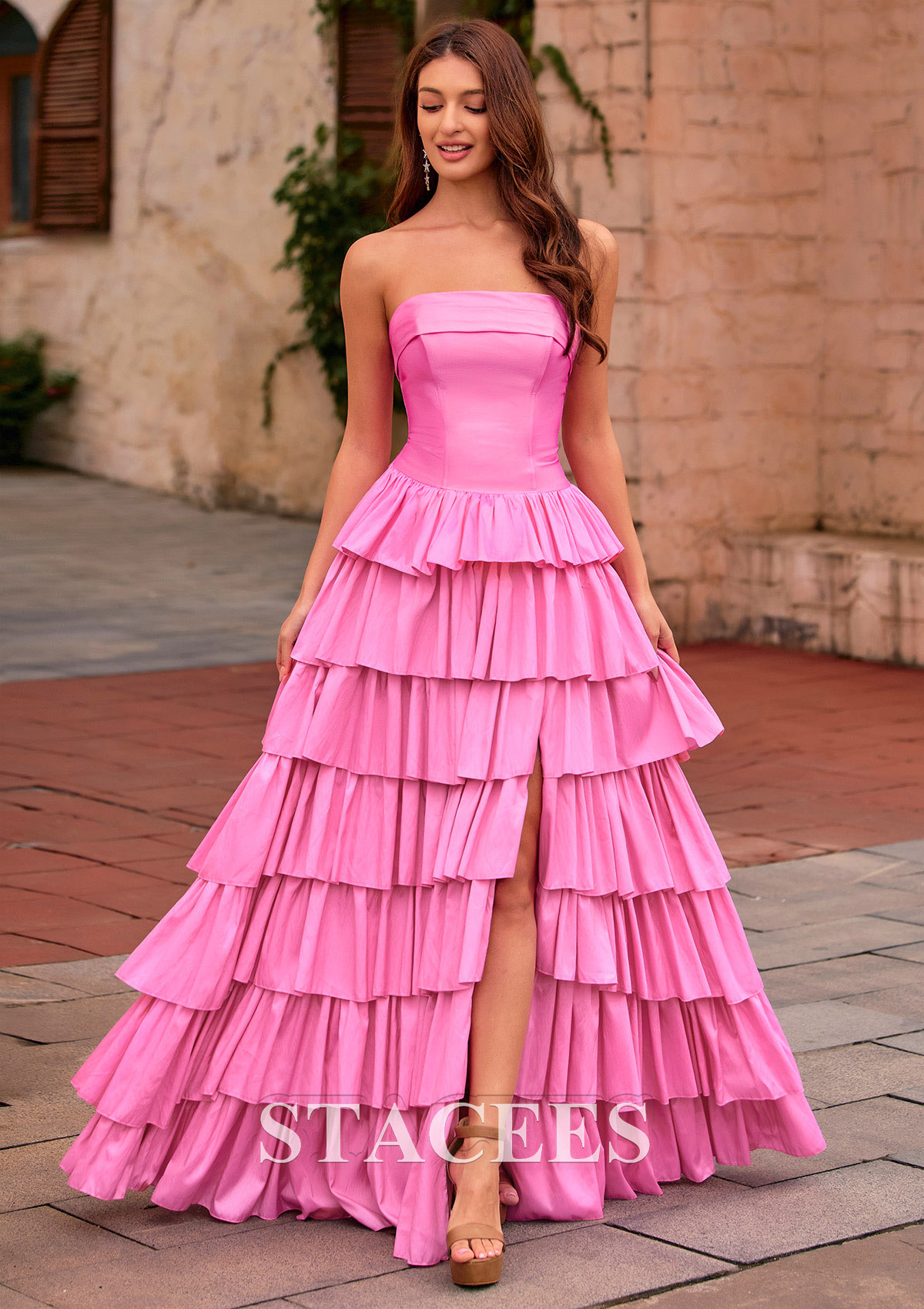 Candy pink A-line Strapless Tiered Ruffle Taffeta Backless Prom Dress with Slit - STACEES