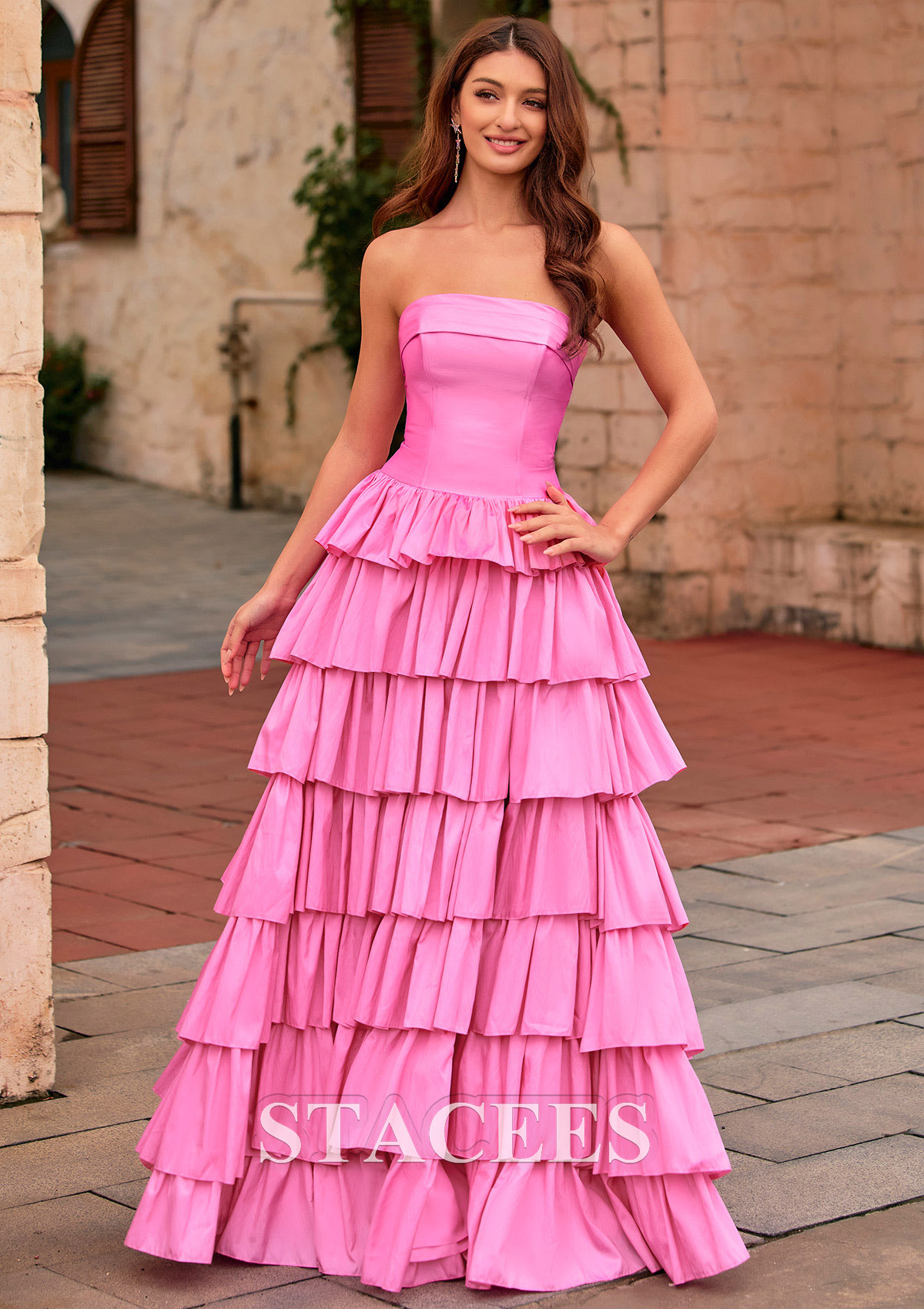 Candy pink A-line Strapless Tiered Ruffle Taffeta Backless Prom Dress with Slit - STACEES