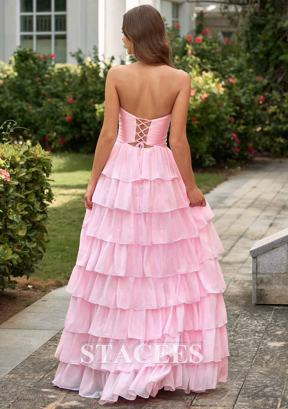Blushing Pink A-Line Strapless Cutout Corset Tiered Ruffle Prom Dress - STACEES