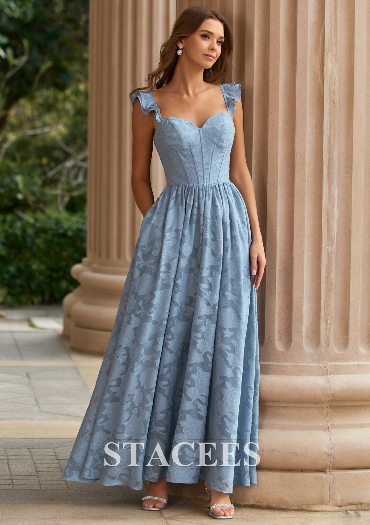 Bleu Poudré Trapèze cache coeur jacquard longueur ras du sol robe de bal avec plissé volants - STACEES