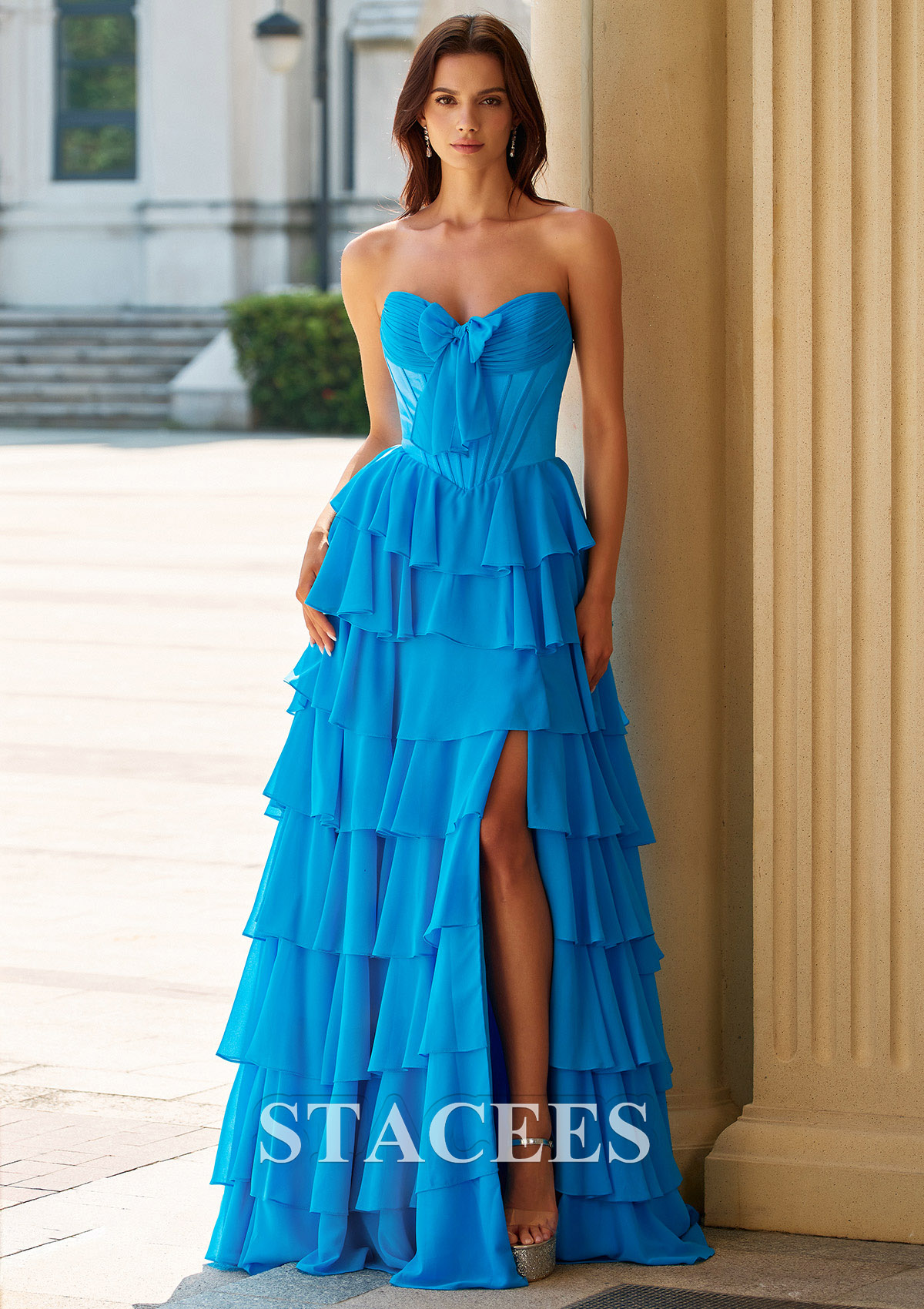 blue high slit dress A-line Strapless Tiered Ruffle Prom with Bow Bodice S9025P - Prom Dresses ribbed fabric KSTM One-Shoulder Satin Midi Color:pink high slits for prom