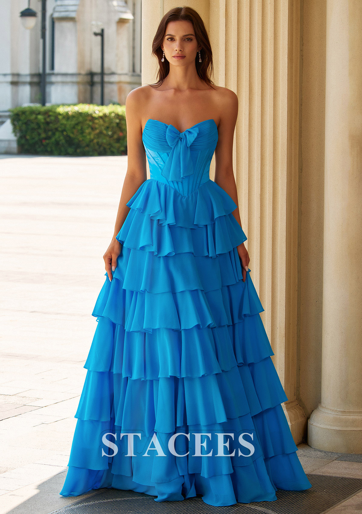 Bleu Trapèze cache coeur satin longueur ras du sol robe de bal avec volants noeuds papillons - STACEES