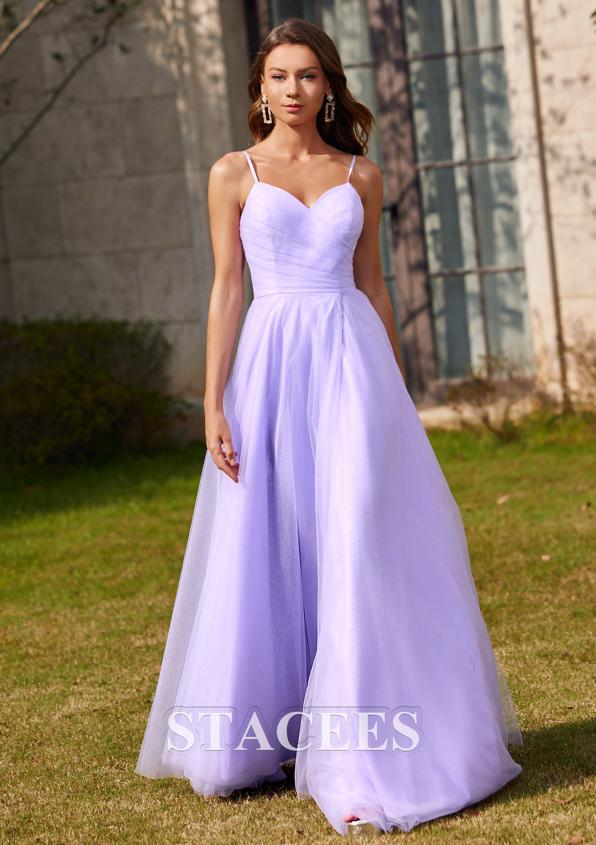 Lila Vestido línea a escote en v tul hasta el suelo vestido de graduación - STACEES