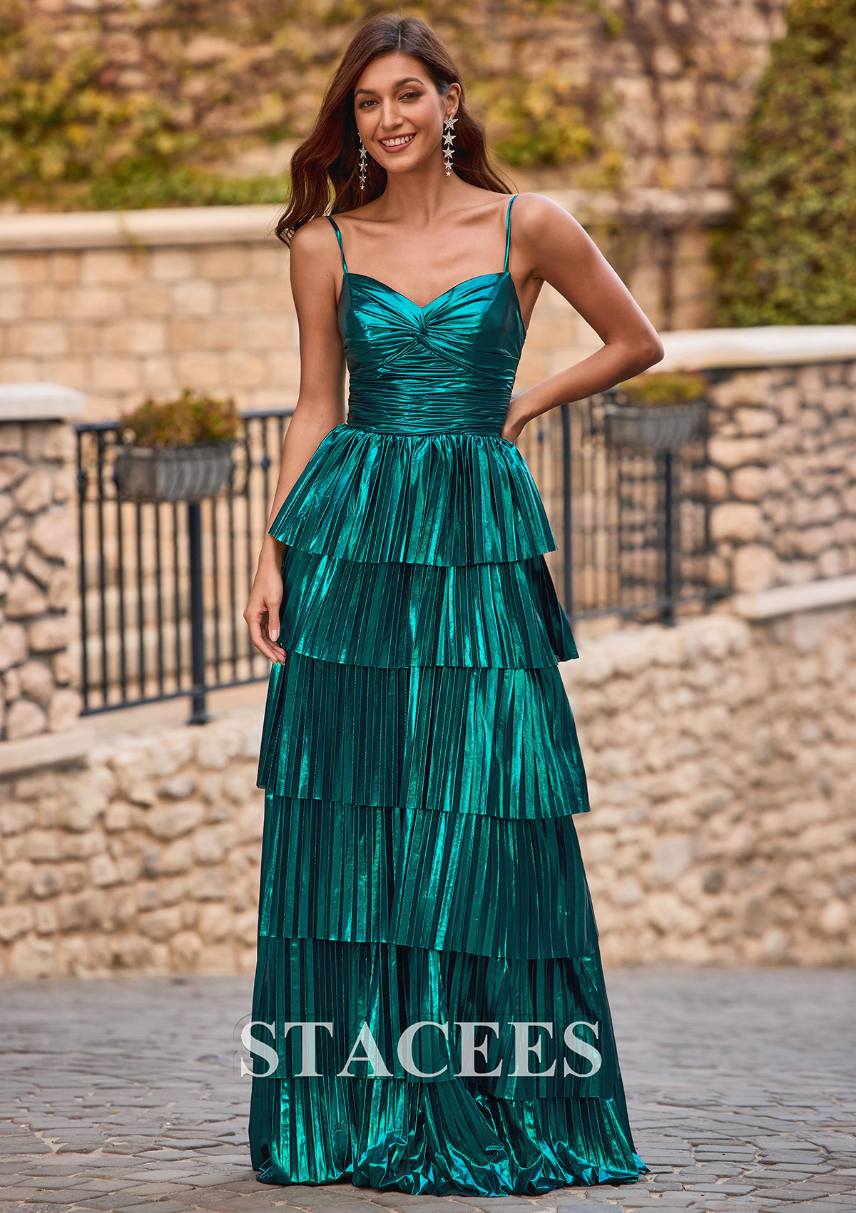 Teal A-line Metallic Tiered Pleated Ruffle Prom Dress V Neck - STACEES