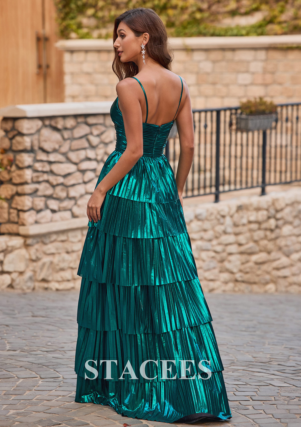 Teal A-line Metallic Tiered Pleated Ruffle Prom Dress V Neck - STACEES