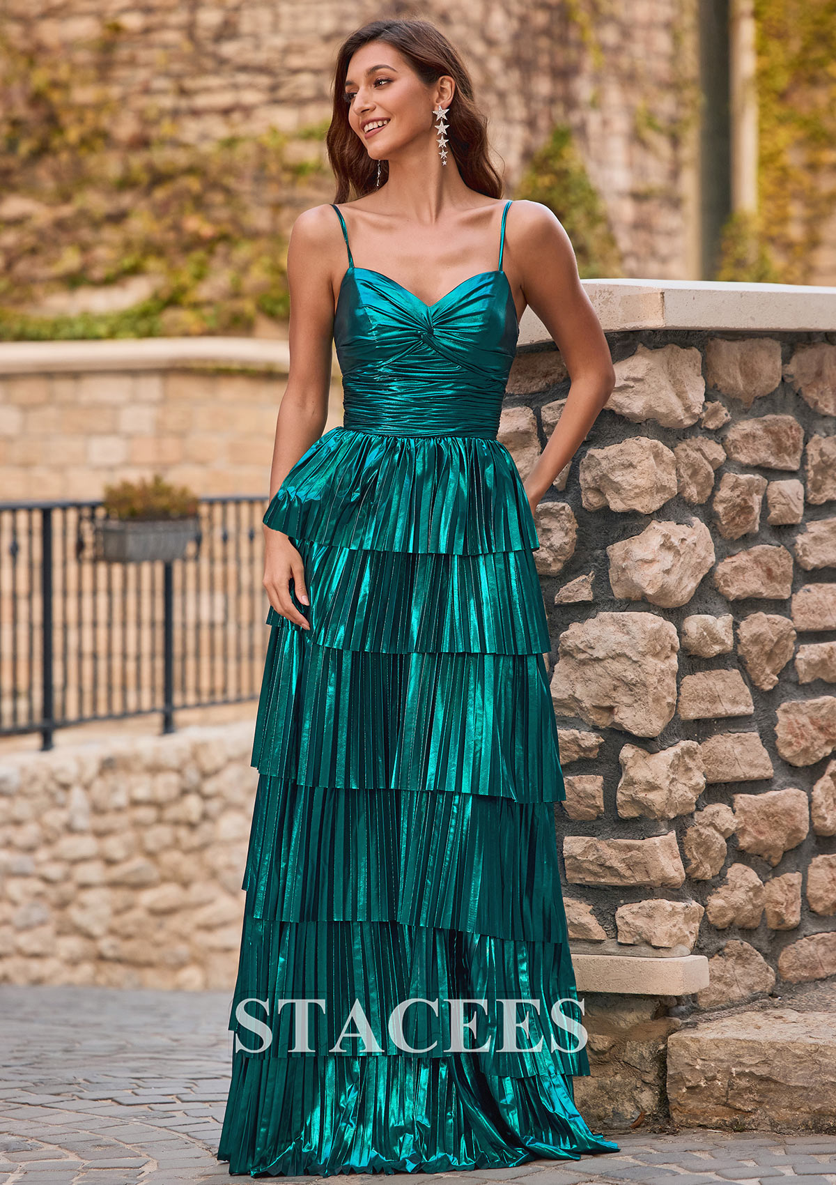 Teal A-line Metallic Tiered Pleated Ruffle Prom Dress V Neck - STACEES