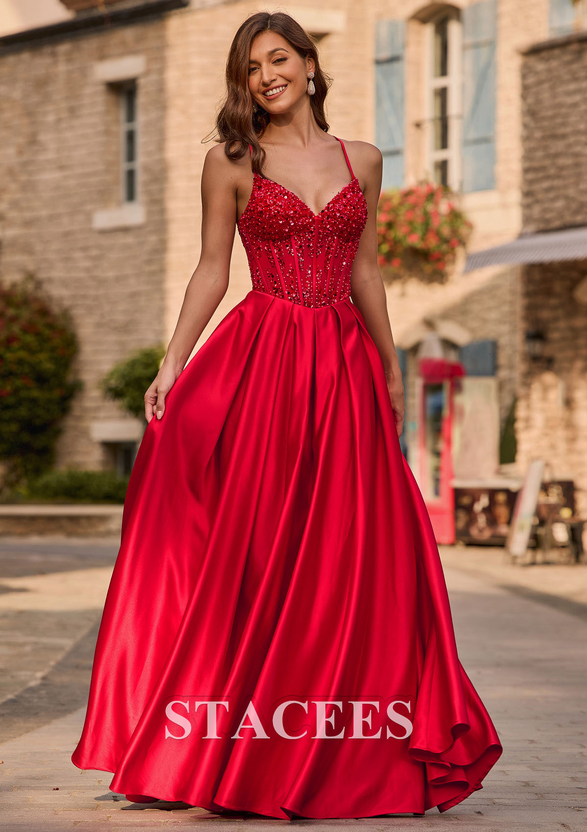 Red A-line V Neck Satin Sweep Train Prom Dress with Beading Sequins - STACEES