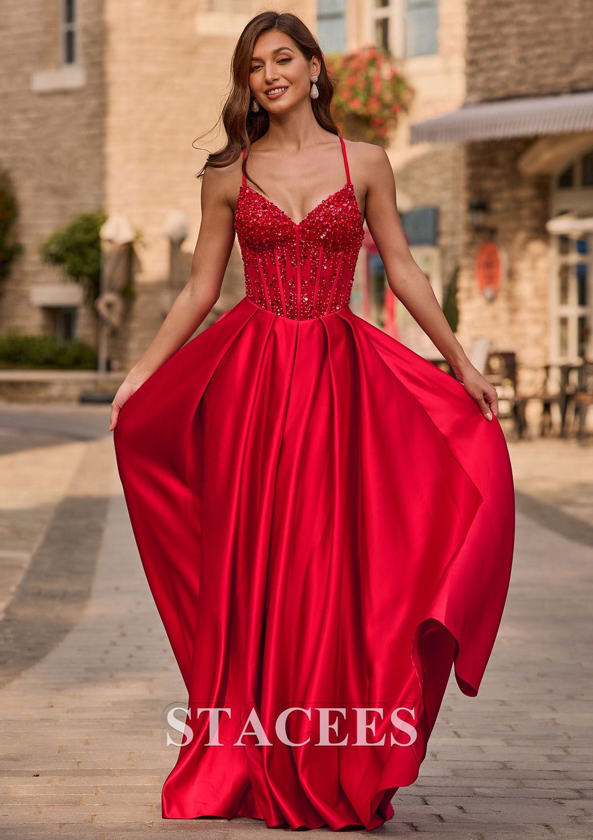 Red A-line V Neck Satin Sweep Train Prom Dress with Beading Sequins - STACEES
