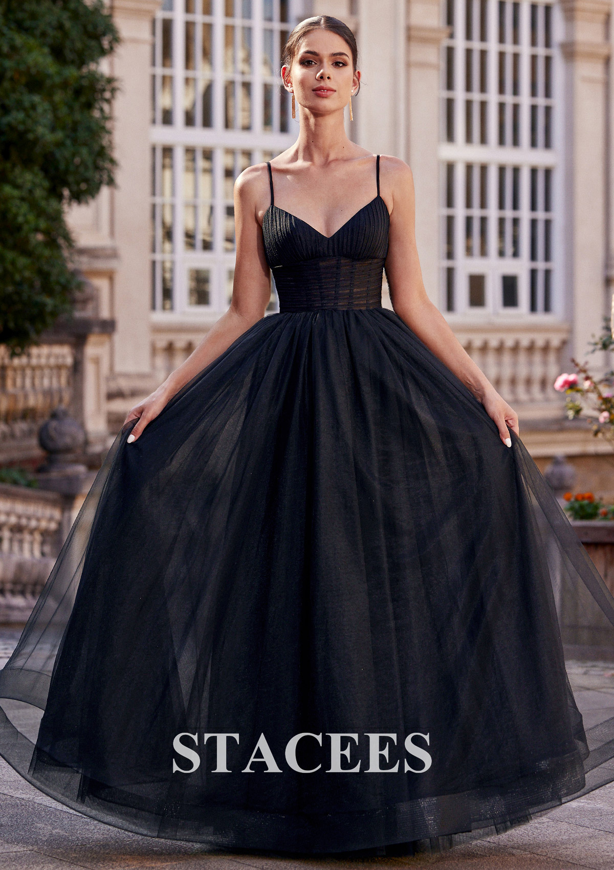 Black Vestido línea a escote en v tul hasta el suelo vestido de graduación - STACEES