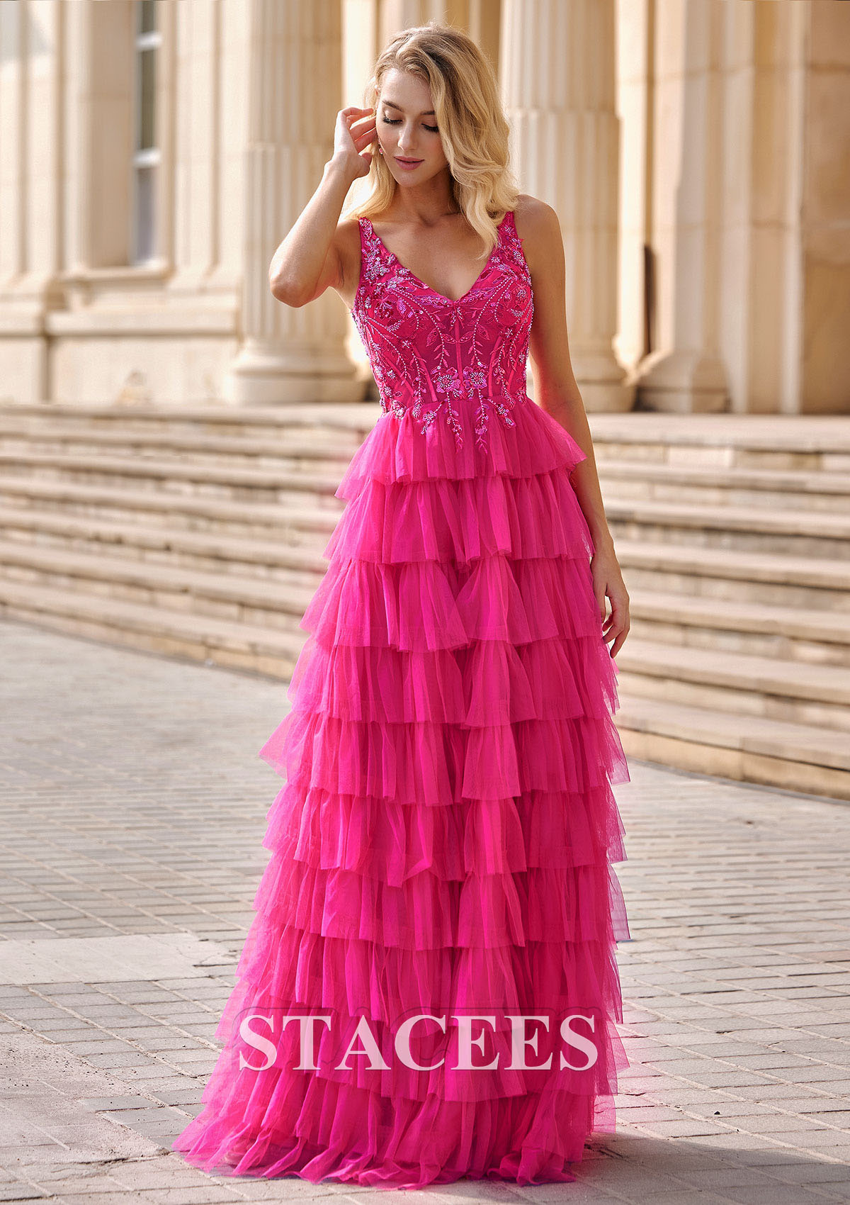 Magenta Dramatic Tiered A-line Prom Dress with Elaborate Sequin Bodice - STACEES