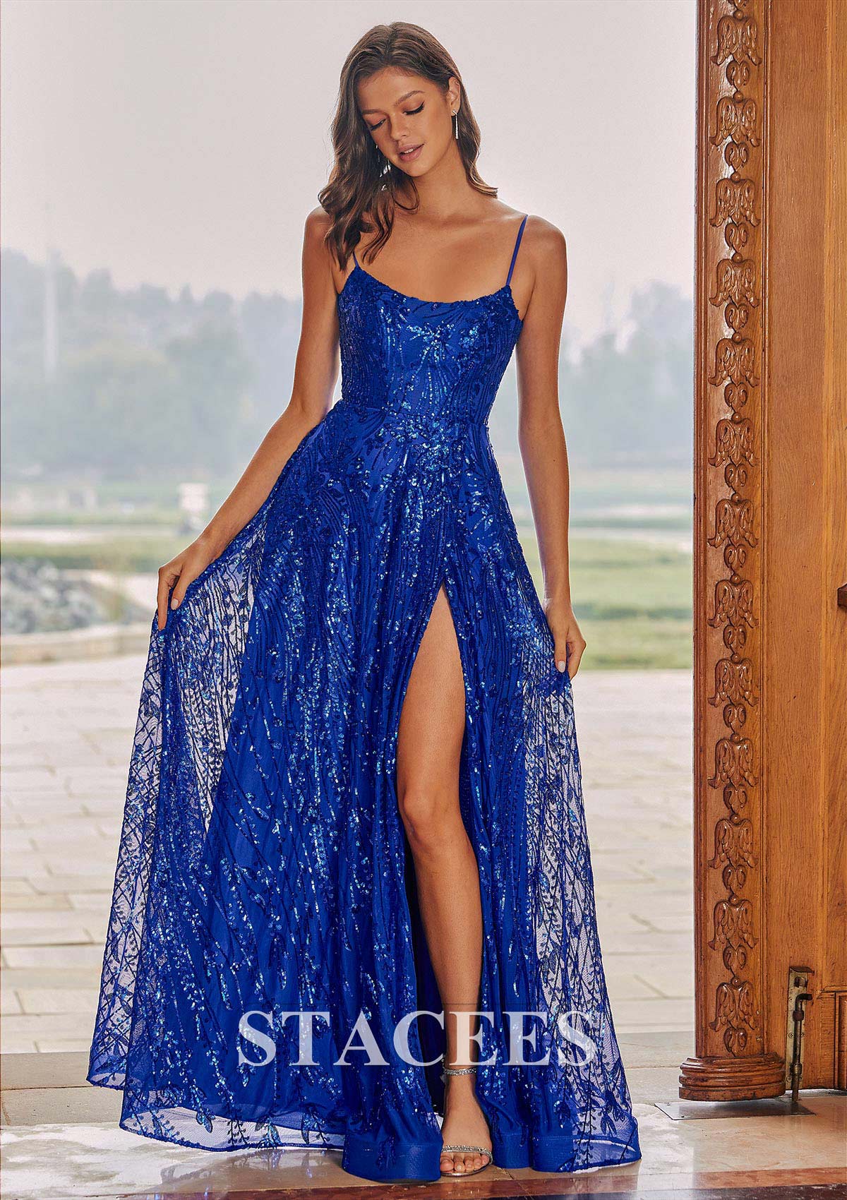 Royal Blue Vestido línea a escote redondo lentejuelas hasta el suelo vestido de graduación - STACEES