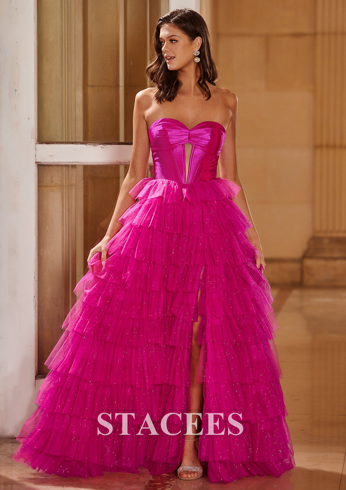 Fuchsia Marquise cache coeur tulle longueur ras du sol robe de bal  - STACEES