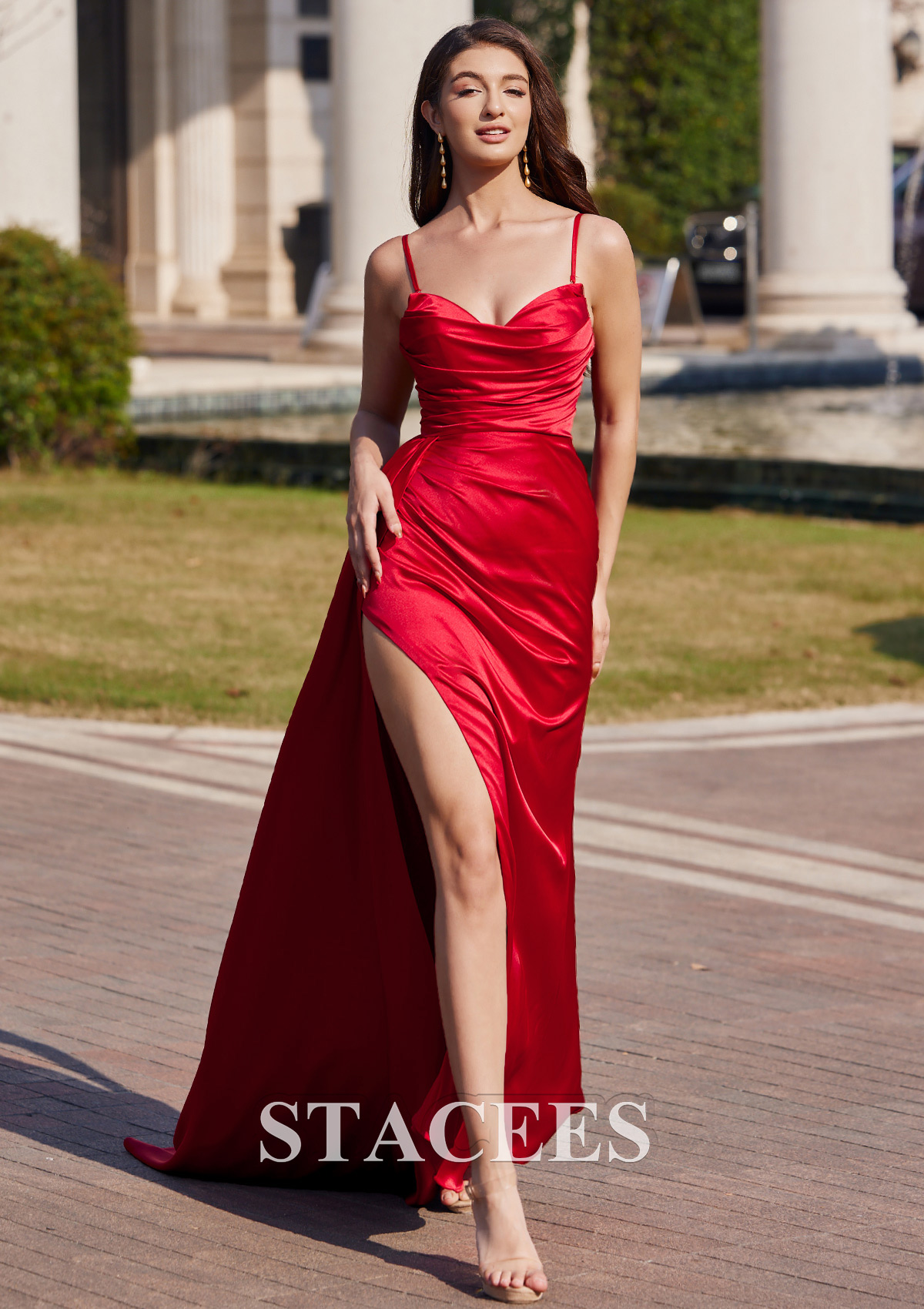 Red Sheath/Column Cowl Neck Floor-Length Satin Prom Dress with Pleated Side Draping Split - STACEES