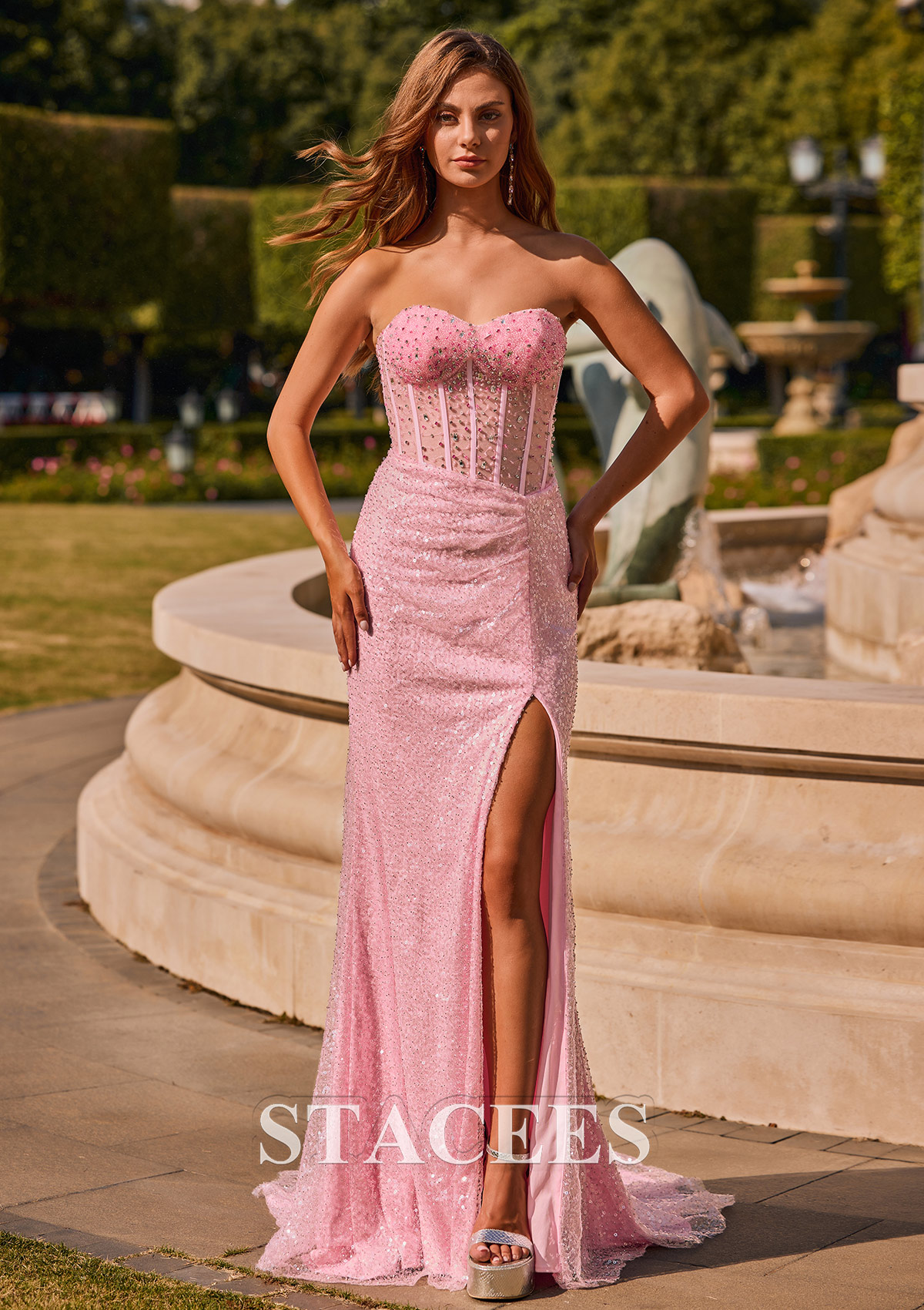 Rose Bonbon Trumpette/Sirène cache coeur tulle traîne balayage robe de bal  - STACEES