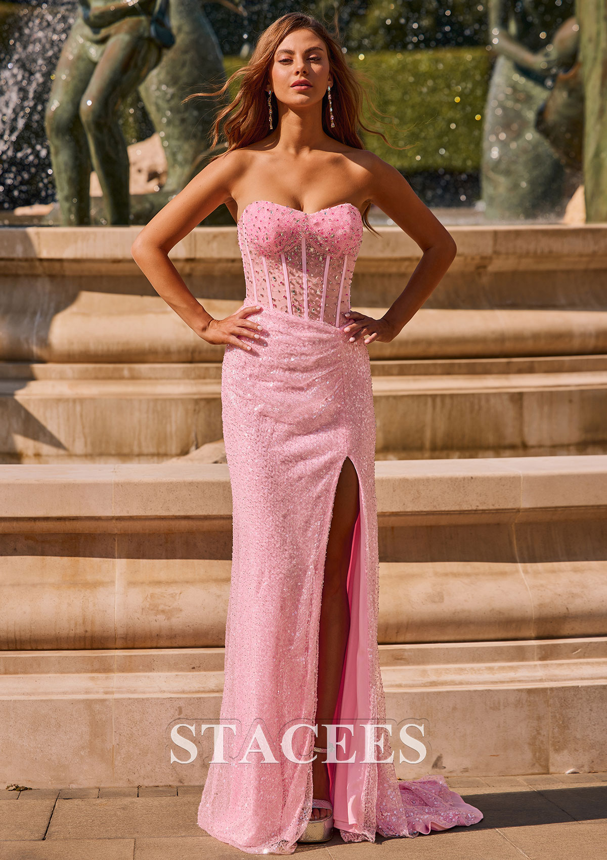 Rose Bonbon Trumpette/Sirène cache coeur tulle traîne balayage robe de bal  - STACEES