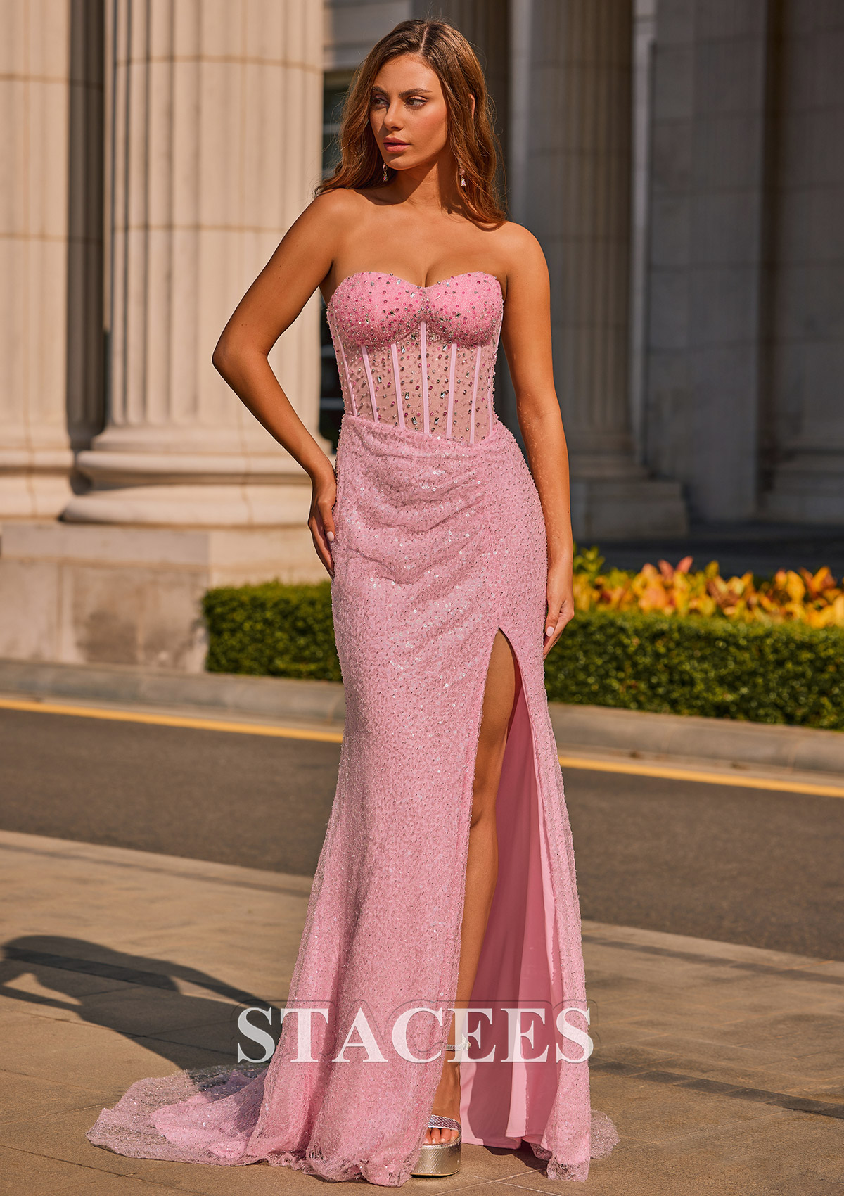 Rose Bonbon Trumpette/Sirène cache coeur tulle traîne balayage robe de bal  - STACEES