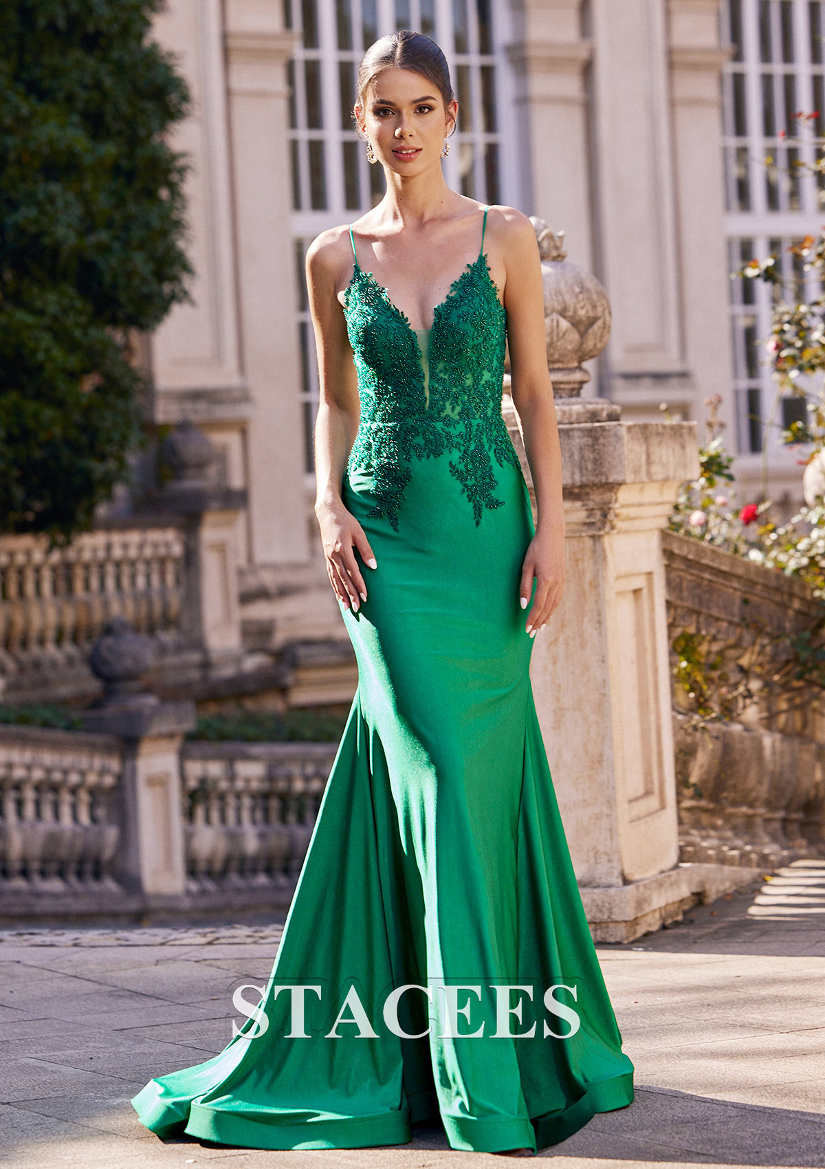 Hunter Green Corte trompeta/sirena escote en v jersey tren de la corte vestido de graduación - STACEES
