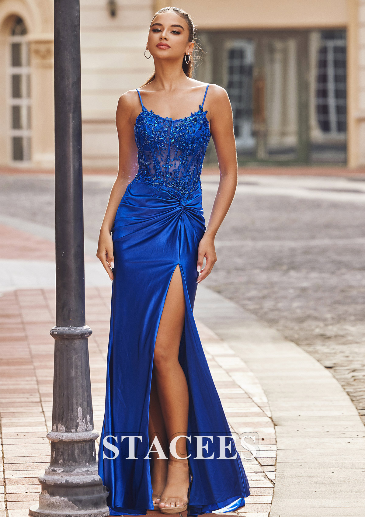 Royal Blue Trumpet/Mermaid V Neck Sleeveless Sweep Train Silk like Satin Prom Dress with Appliqued Beading Sequins Split - STACEES
