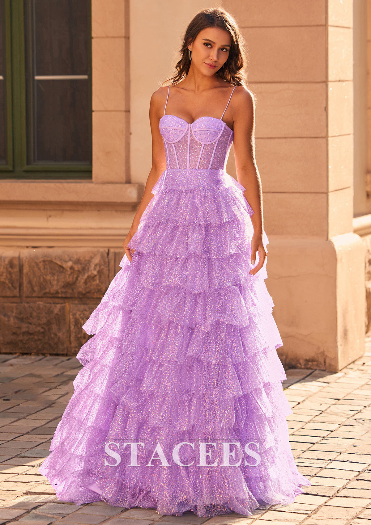 Lilac Cute A-Line Sweetheart Tiered Ruffles Sequins Prom Dresses - STACEES