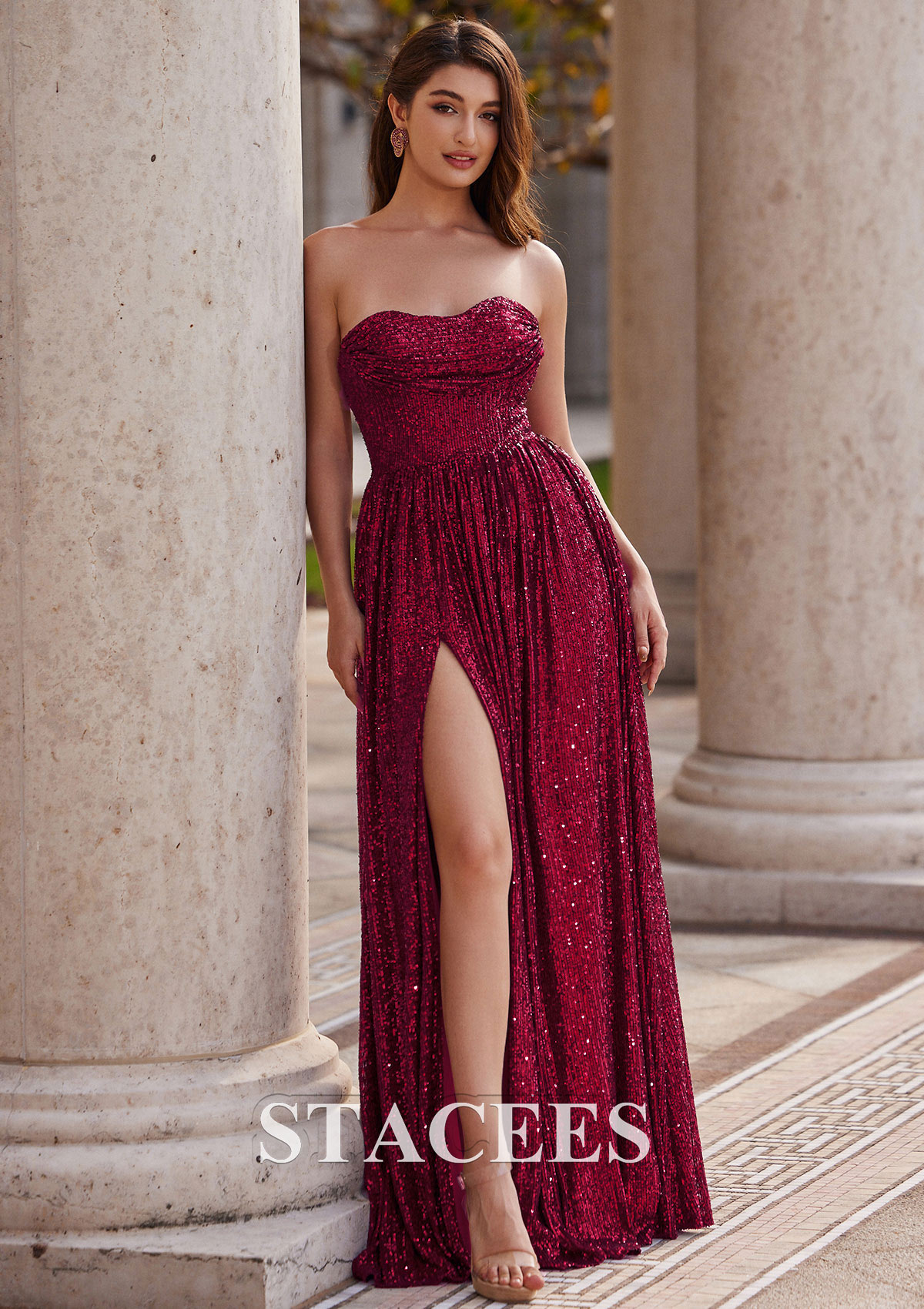 Burgundy A-line Sweetheart Sweep Train Sequined Prom Dress with Pleated Split - STACEES
