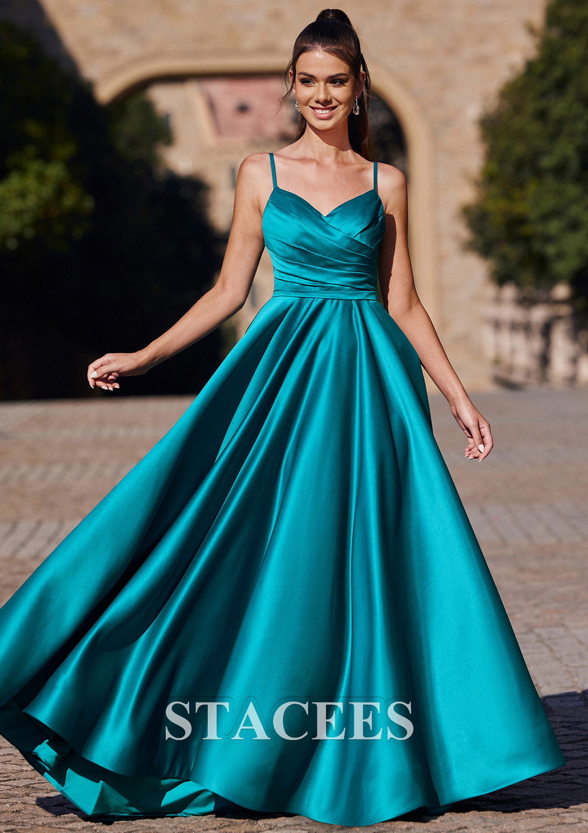 a line satin prom dress A-line V Neck Sleeveless Sweep Train with Pleated S7681P - Prom Dresses Vintage Y2K Roberto Cavalli MD11.15 making it ideal for Size:2x 18/20