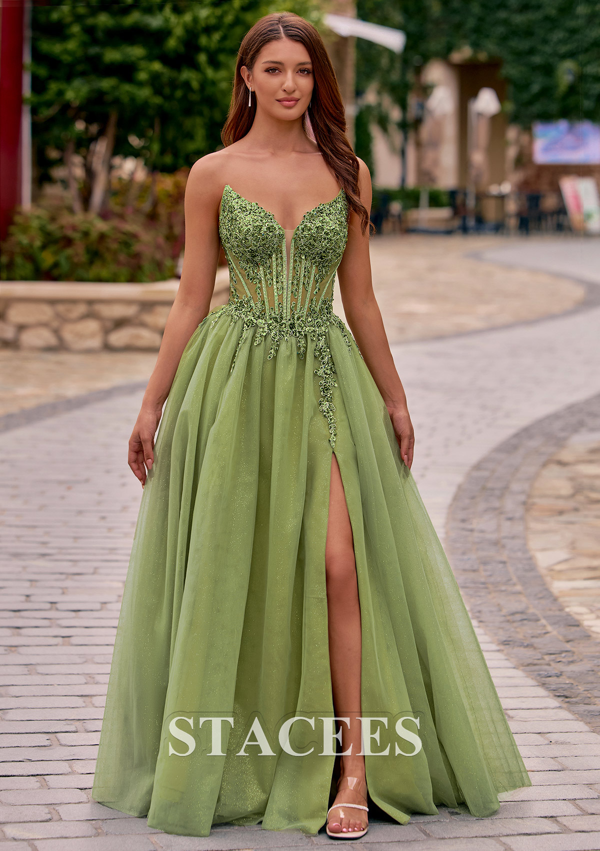 Stacees 2026 Plunging V Neck Beaded Sheer Corset Glitter Prom Dress with Slit