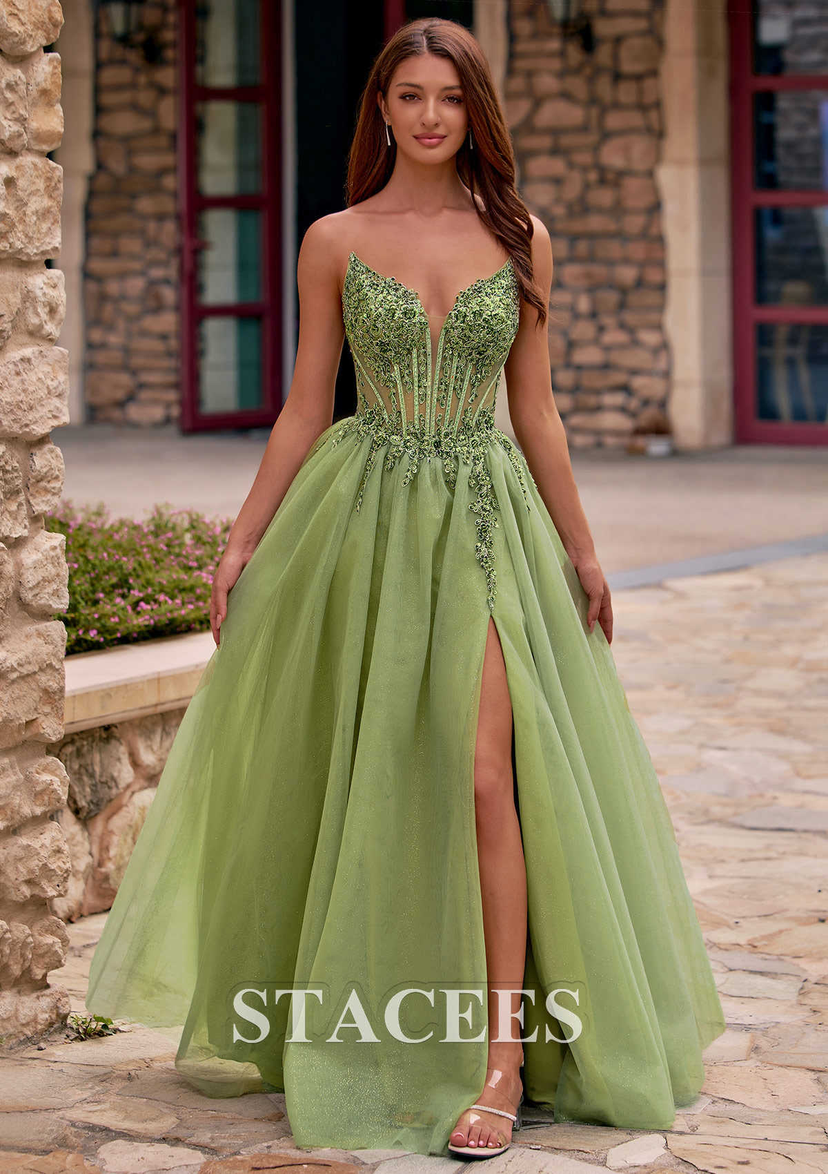 sheer dress formal Stacees 2026 Plunging V Neck Beaded Corset Glitter Prom with Slit corset dress