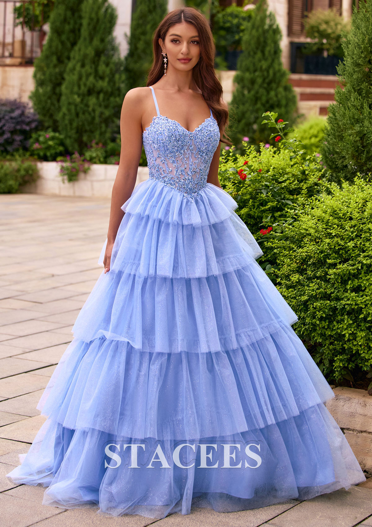 As picture Sparkly A-line Tiered Ruffle Glitter Tulle Ball Gown Prom Dress with Lace Sheer Corset - STACEES