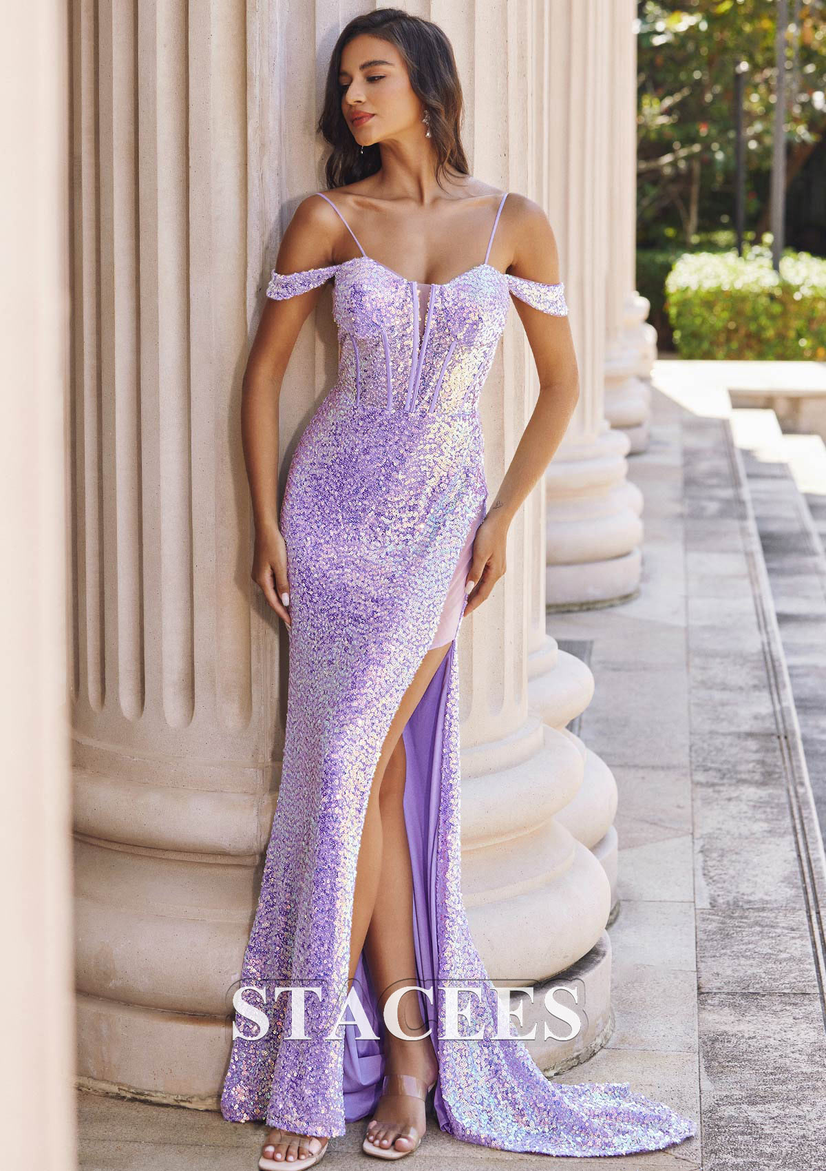 Lilac Sheath/Column Off-the-Shoulder Short Sleeve Sweep Train Sequined Prom Dress with Split - STACEES
