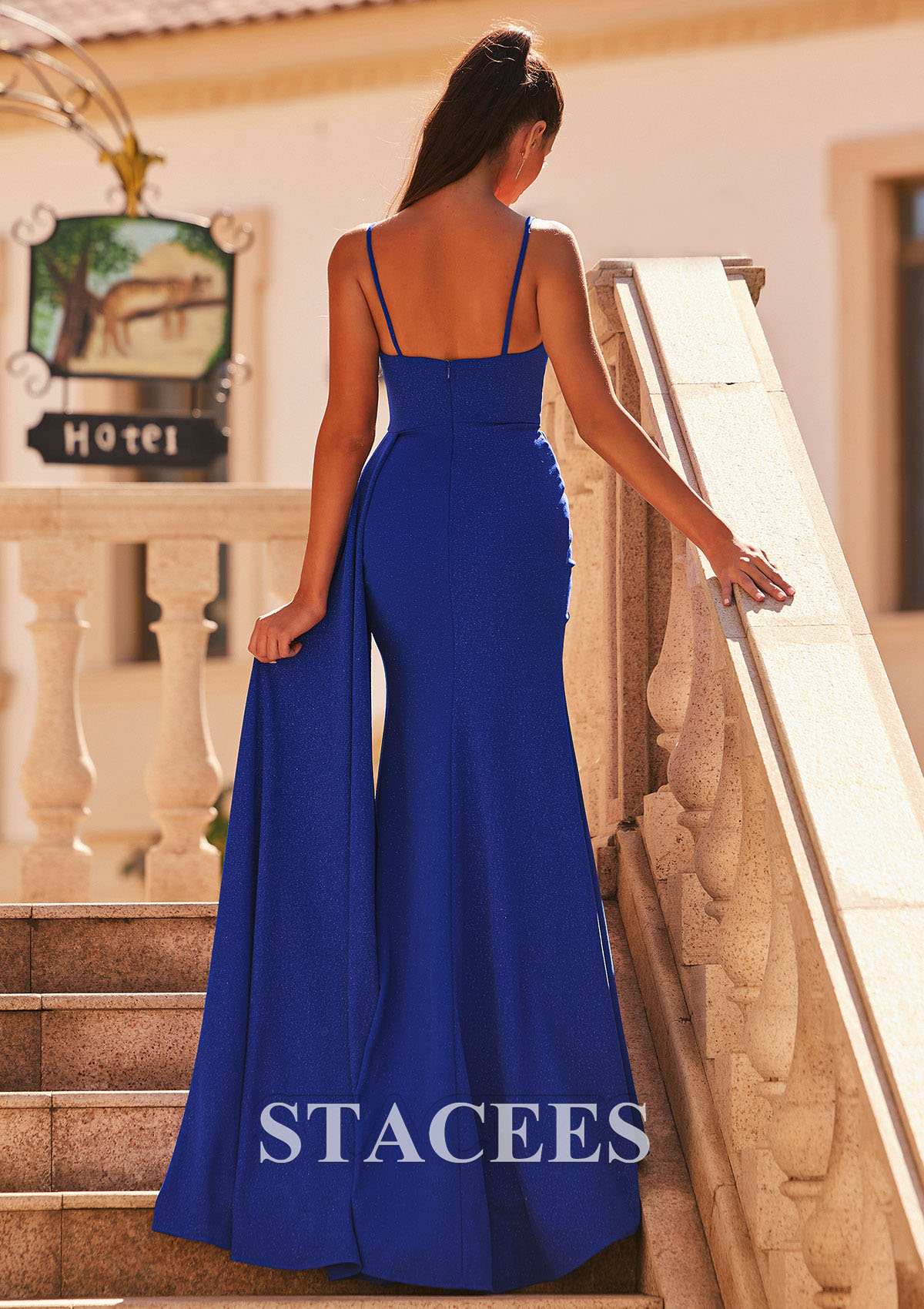 Bleu Royal Trumpette/Sirène col bénitier tricot traîne balayage robe de bal  - STACEES