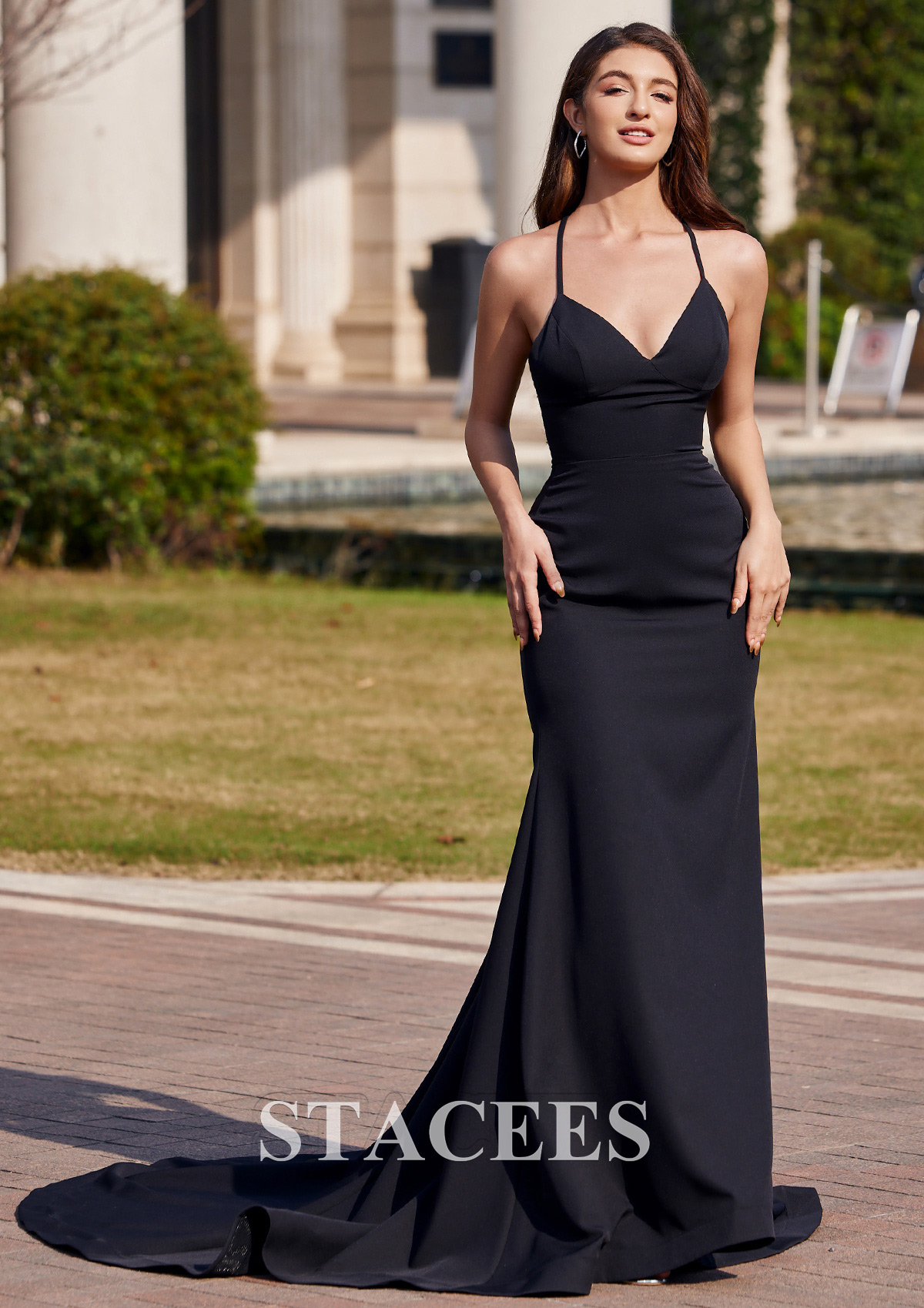 Black Corte trompeta/sirena escote en v crepé elástico tren de la corte vestido de graduación - STACEES