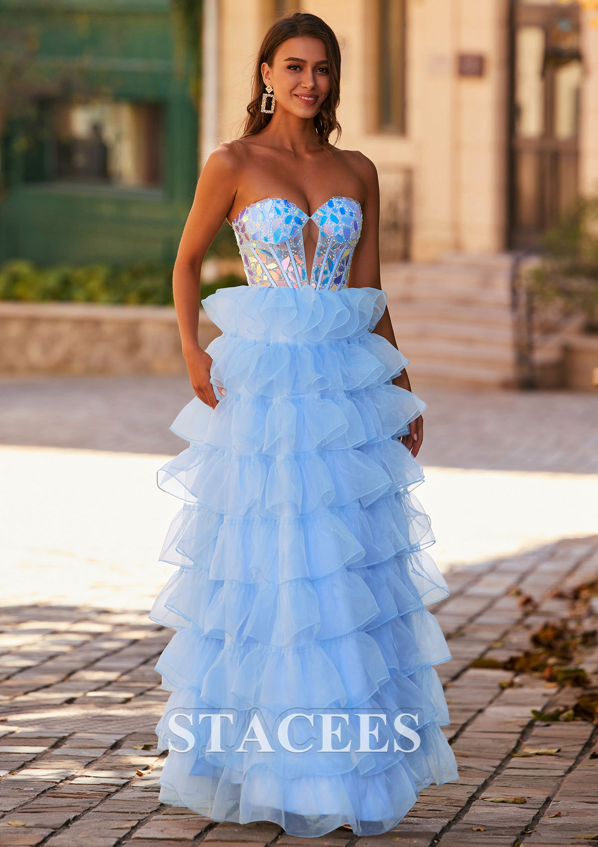 Sky Blue Sparkly A-line Strapless Keyhole Tiered Corset Mirror Sequins Prom Dress - STACEES