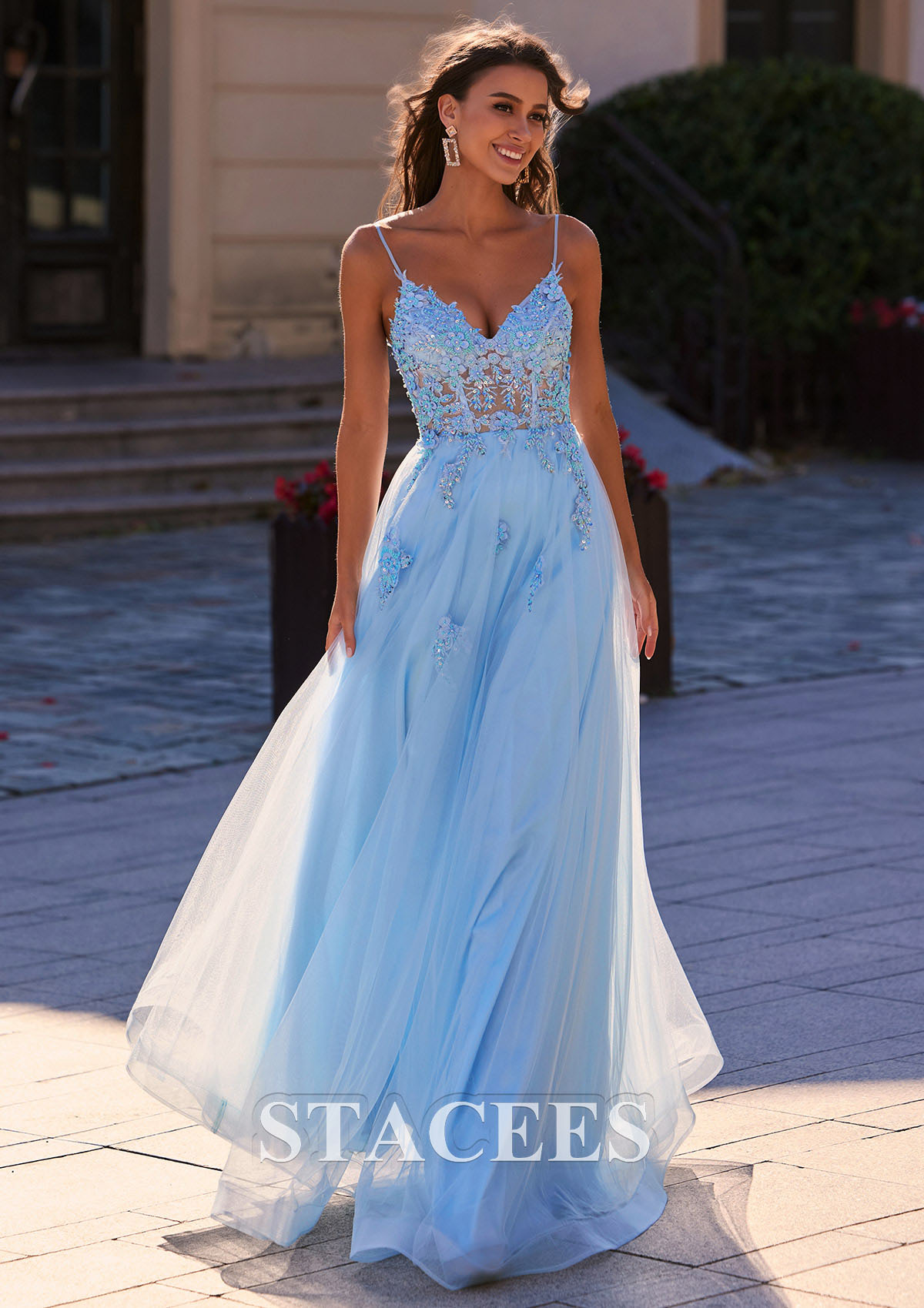 Sky Blue Vestido línea a escote en v tul hasta el suelo vestido de graduación - STACEES