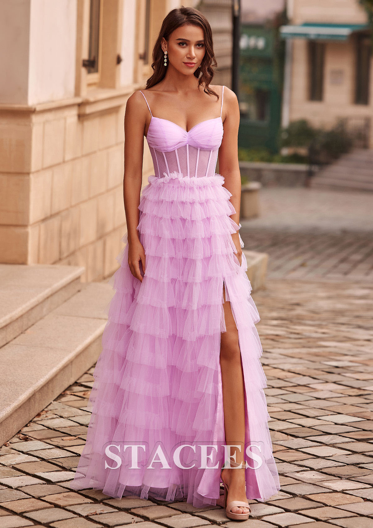 Lilac A-line V Neck Illusion Corset Ruffled Prom Dress with Slit - STACEES