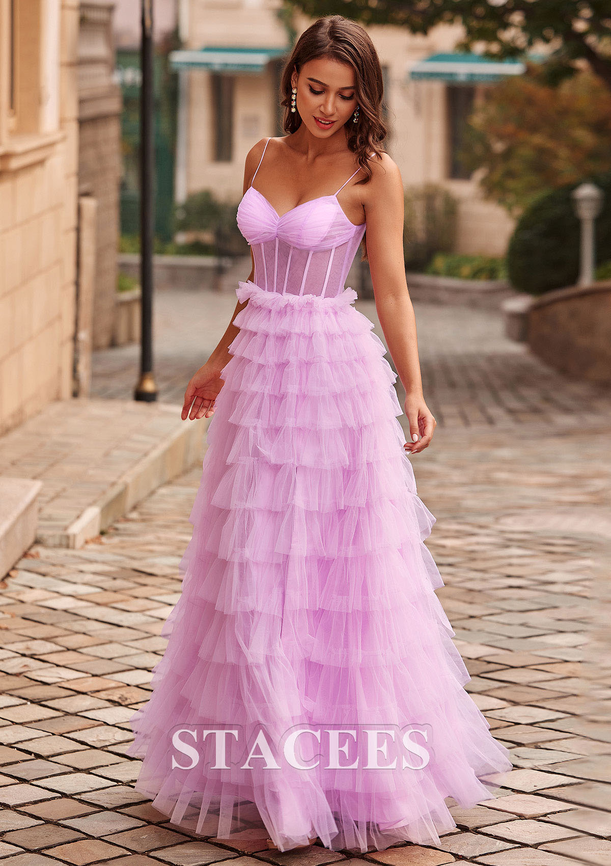 Lilac A-line V Neck Illusion Corset Ruffled Prom Dress with Slit - STACEES