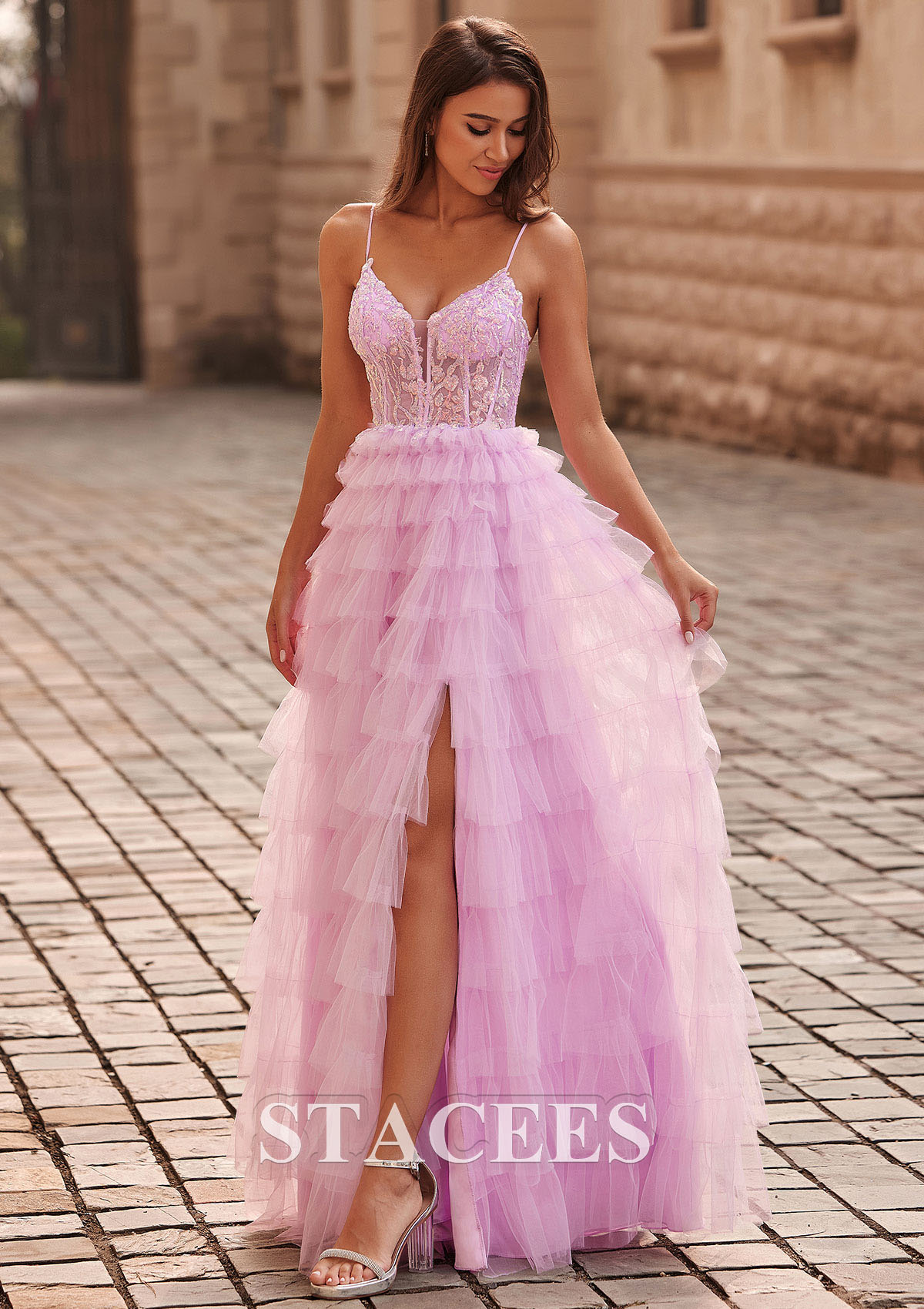 Lilac A-line V Neck Tiered Ruffled Slit Floor-Length Prom Dress with Sequins - STACEES