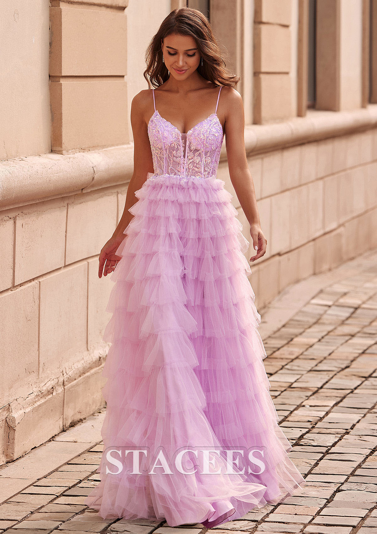 Lilac A-line V Neck Tiered Ruffled Slit Floor-Length Prom Dress with Sequins - STACEES