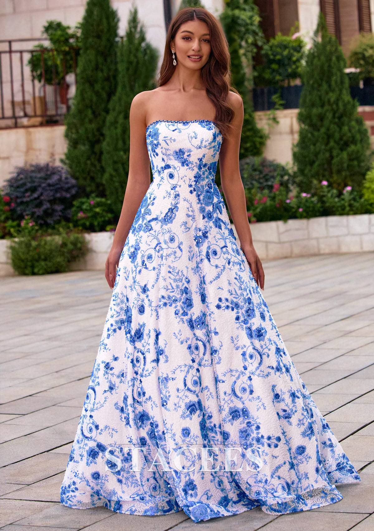 Royal Blue Floral Trapèze bateau tulle traîne balayage robe de bal avec perles paillettes - STACEES