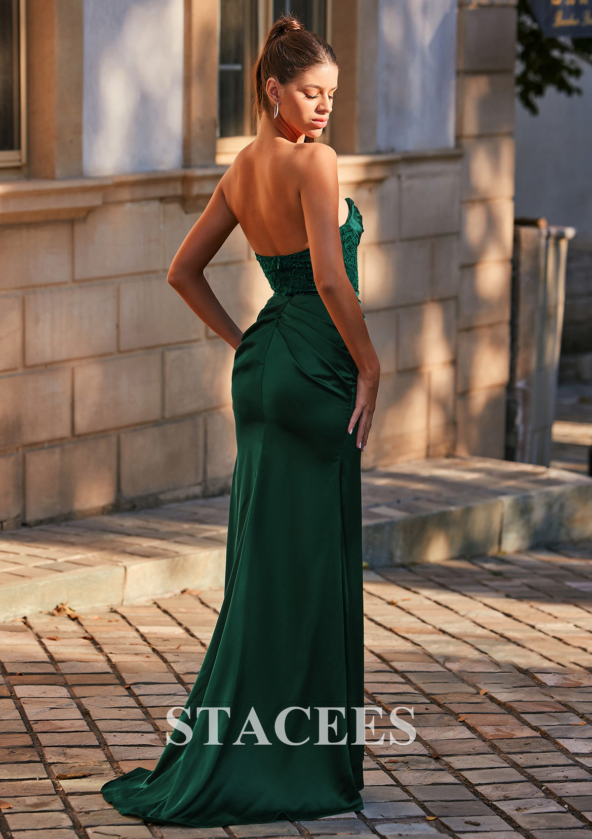 Dark Green Corte trompeta/sirena escote drapeado satén barrer tren vestido de graduación - STACEES
